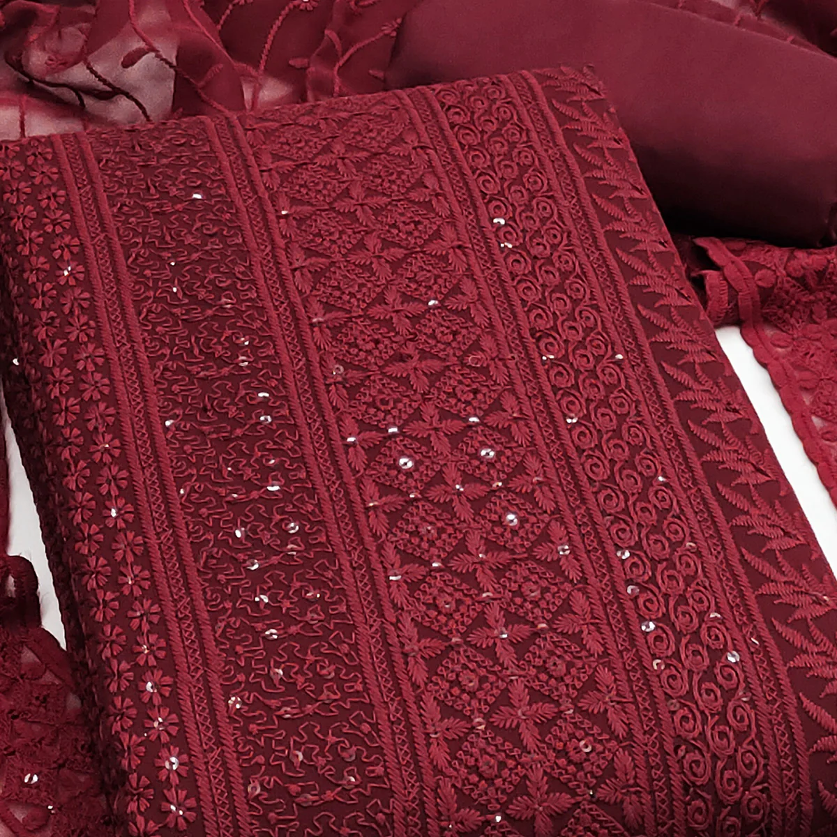Maroon Floral Thread Embroidery With Sequins Highlighted Georgette Dress Material - Image 2
