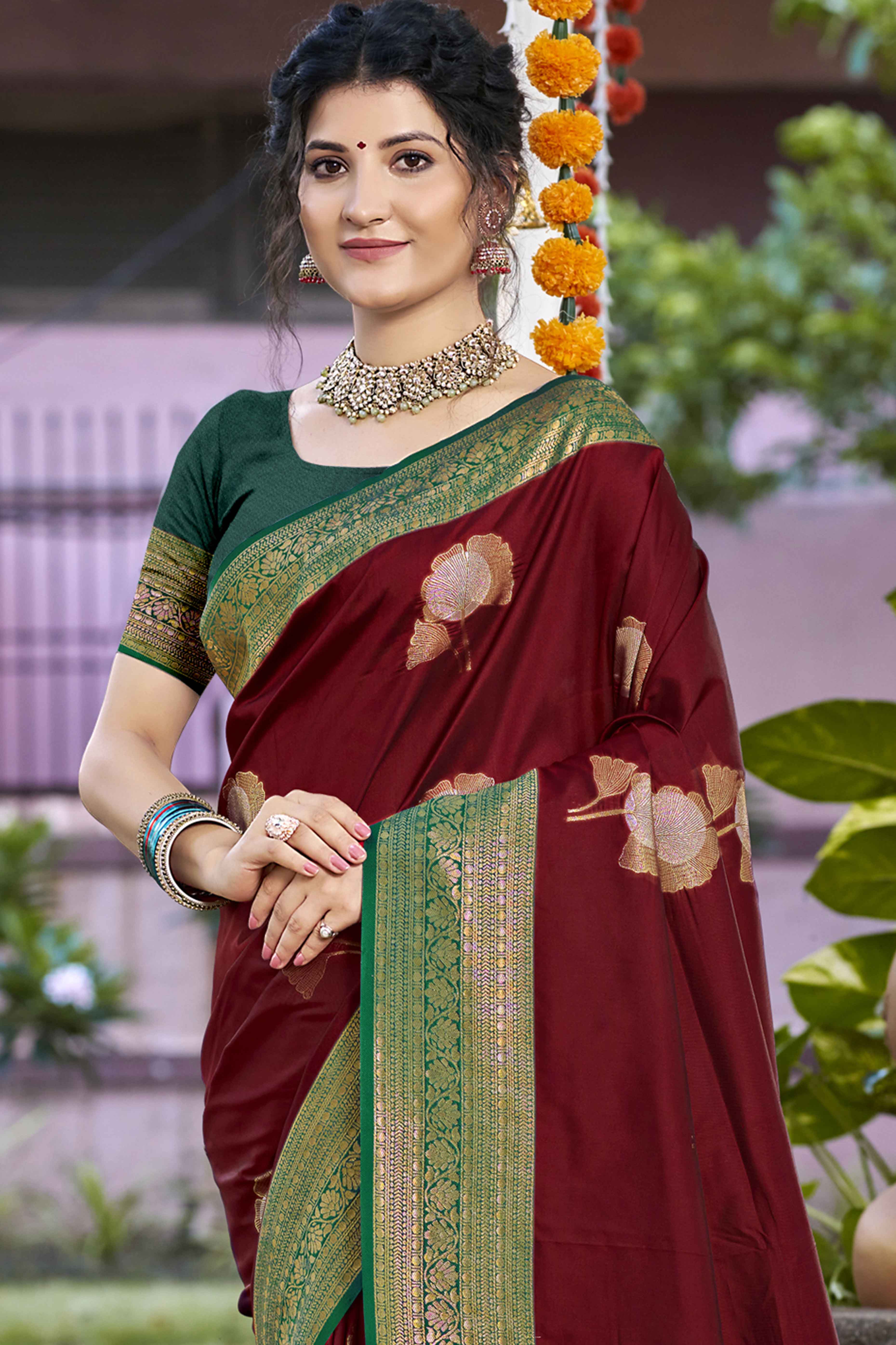 Maroon Floral Woven Banarasi Silk Saree With Tassels - Image 3