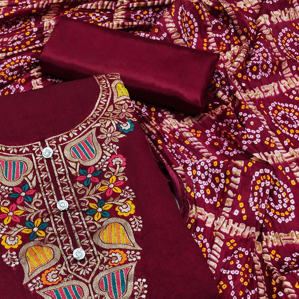 Maroon Floral Woven Chanderi Jacquard Dress Material - Image 2