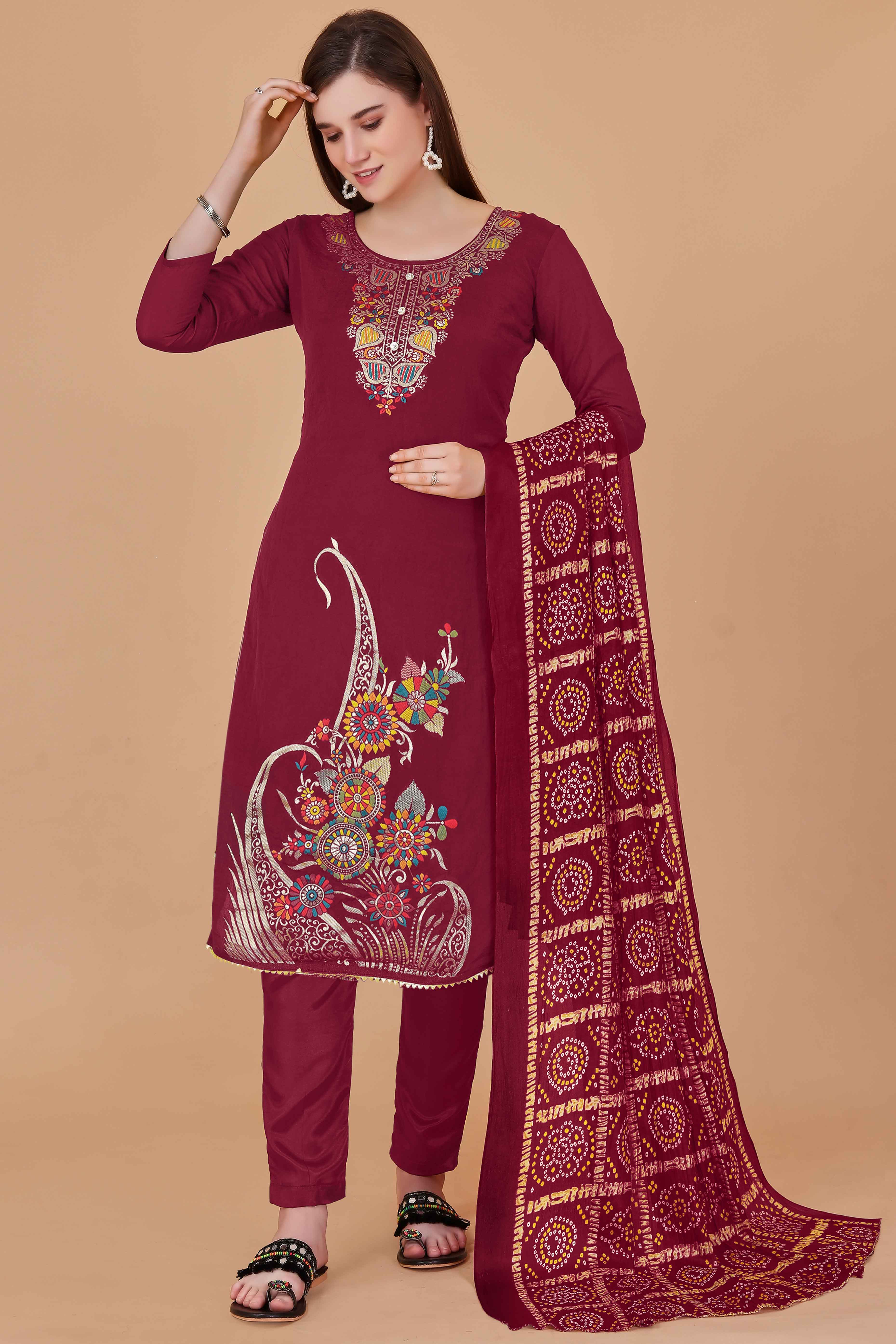 Maroon Floral Woven Chanderi Jacquard Dress Material - Image 5
