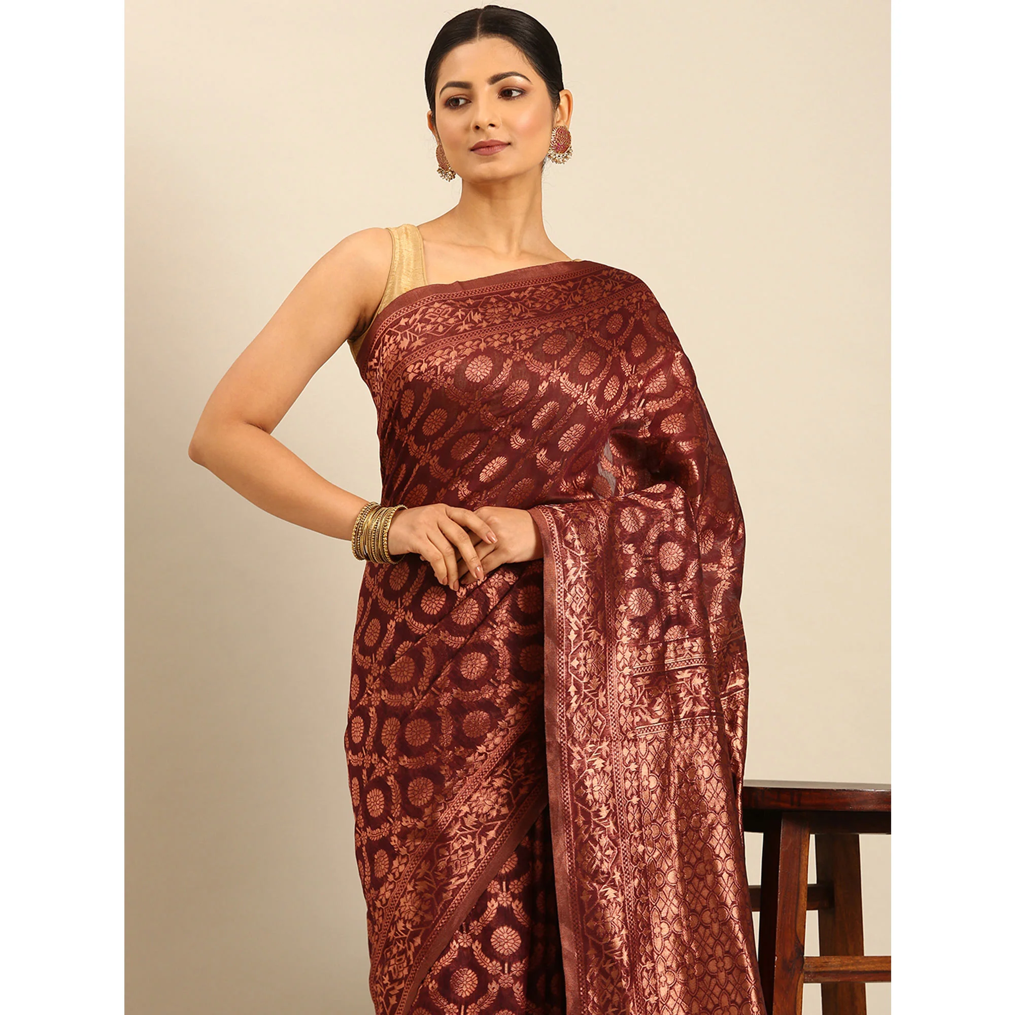 Maroon Floral Woven Cotton Silk Saree - Image 6