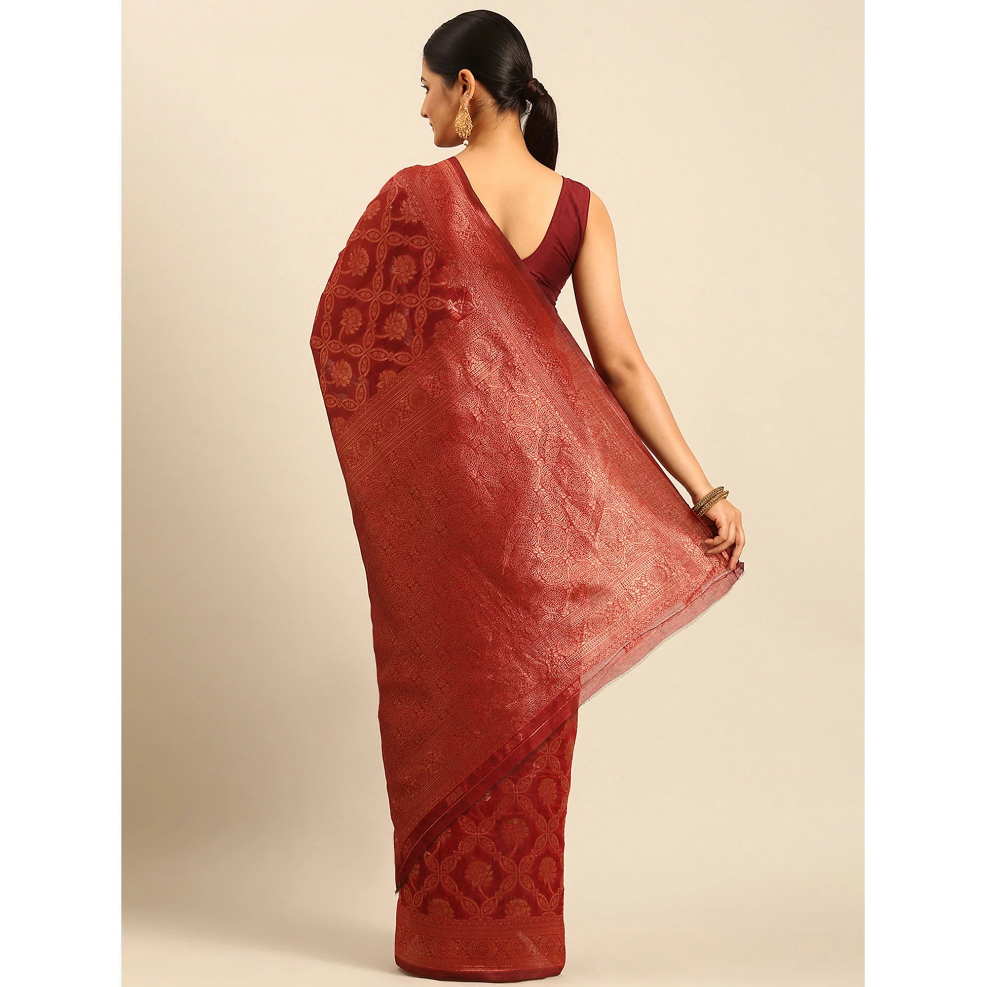 Maroon Floral Woven Cotton Silk Saree - Image 5