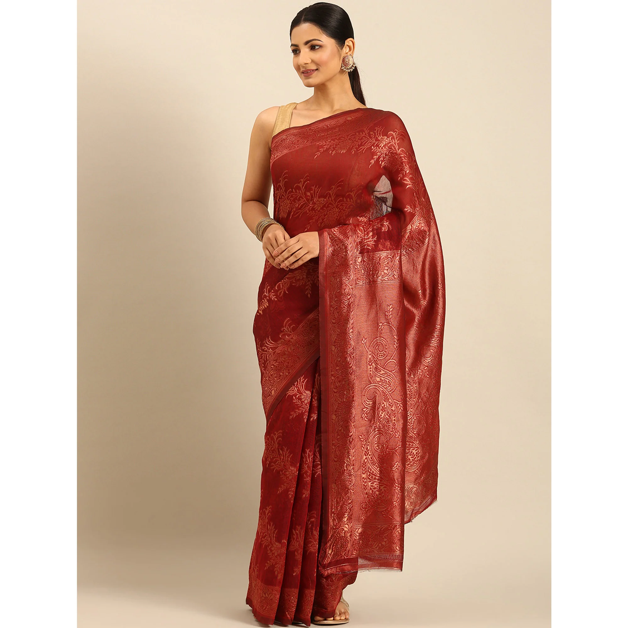 Maroon Floral Woven Cotton Silk Saree - Image 4