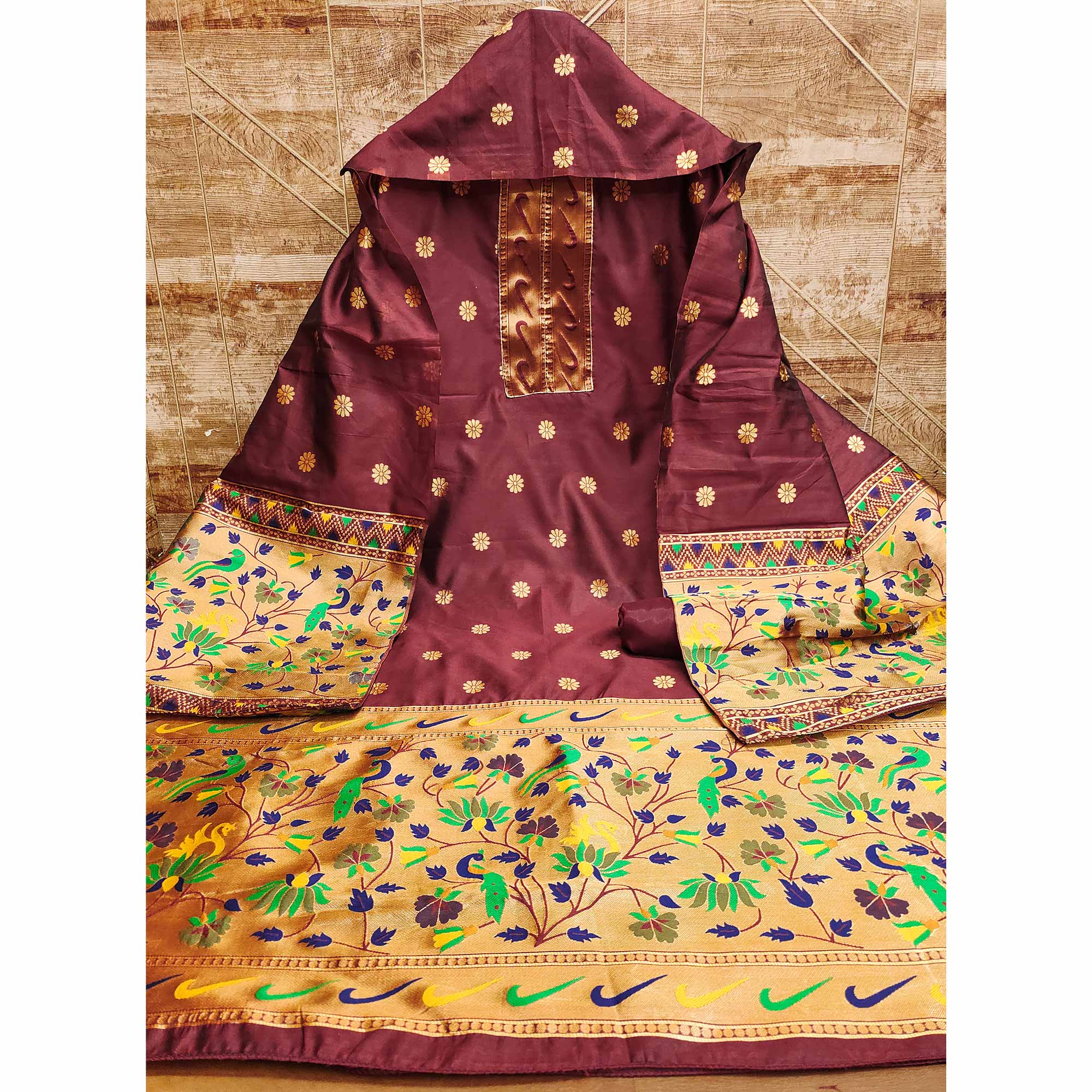 Maroon Floral Woven Paithani Banarasi Silk Dress Material - Image 3