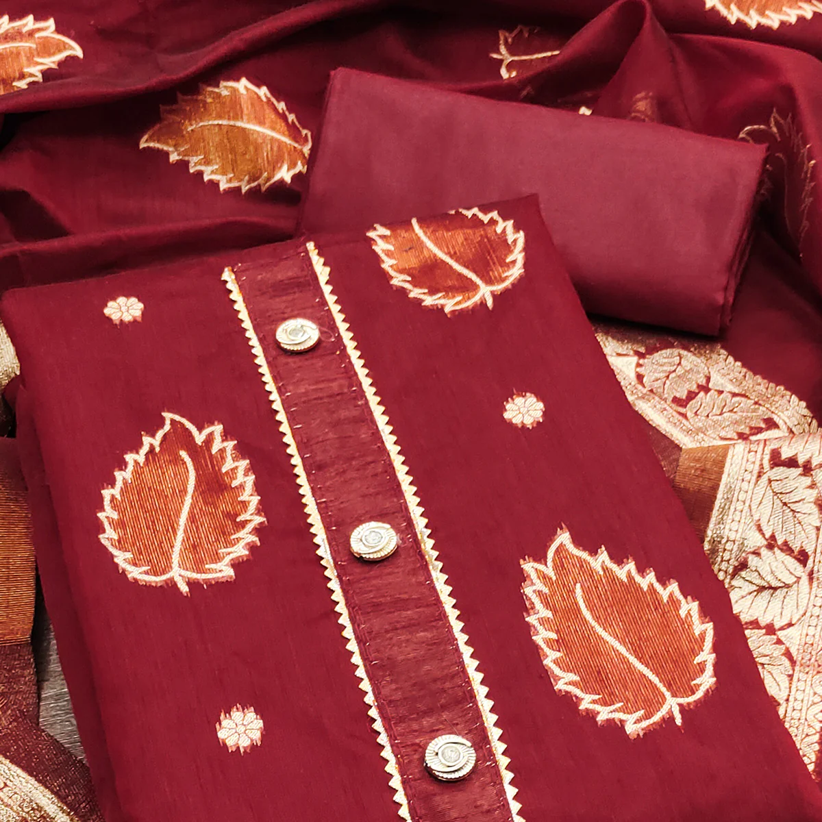 Maroon Floral Woven Shimmer Jacquard Dress Material - Image 2