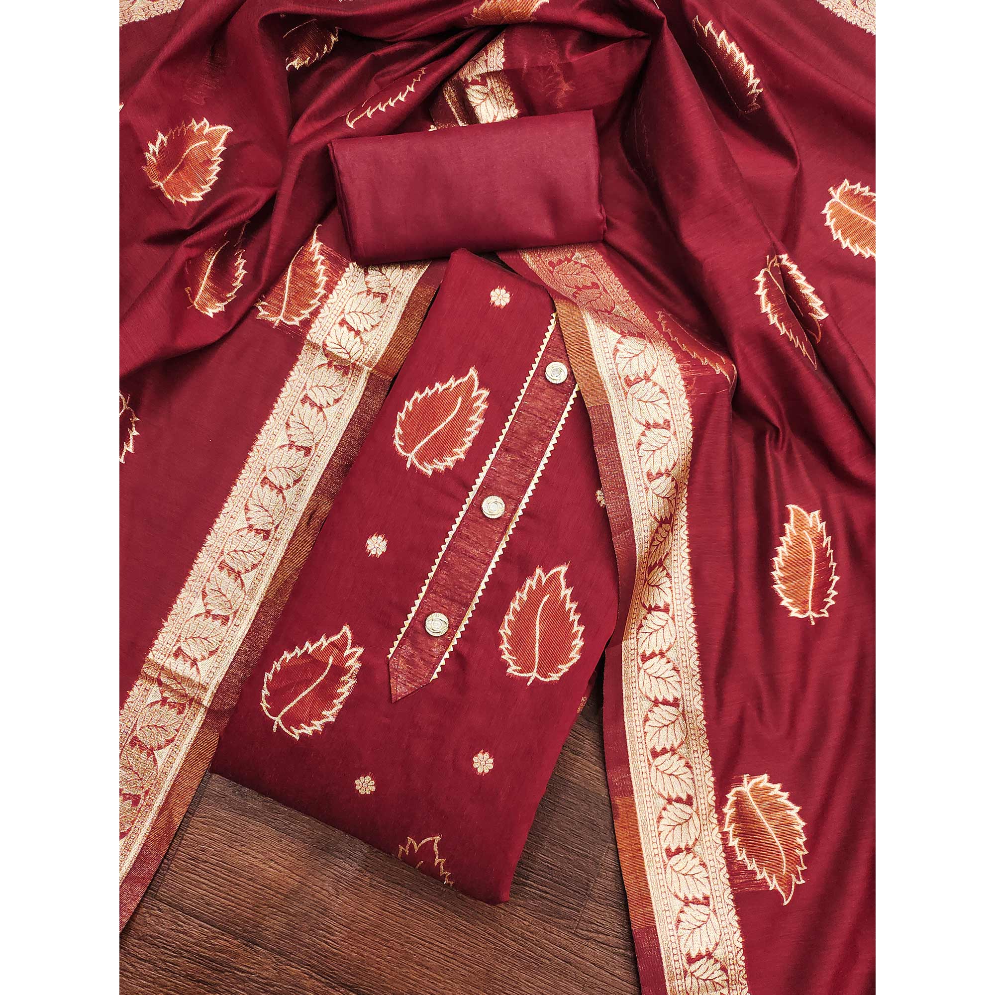 Maroon Floral Woven Shimmer Jacquard Dress Material - Image 3