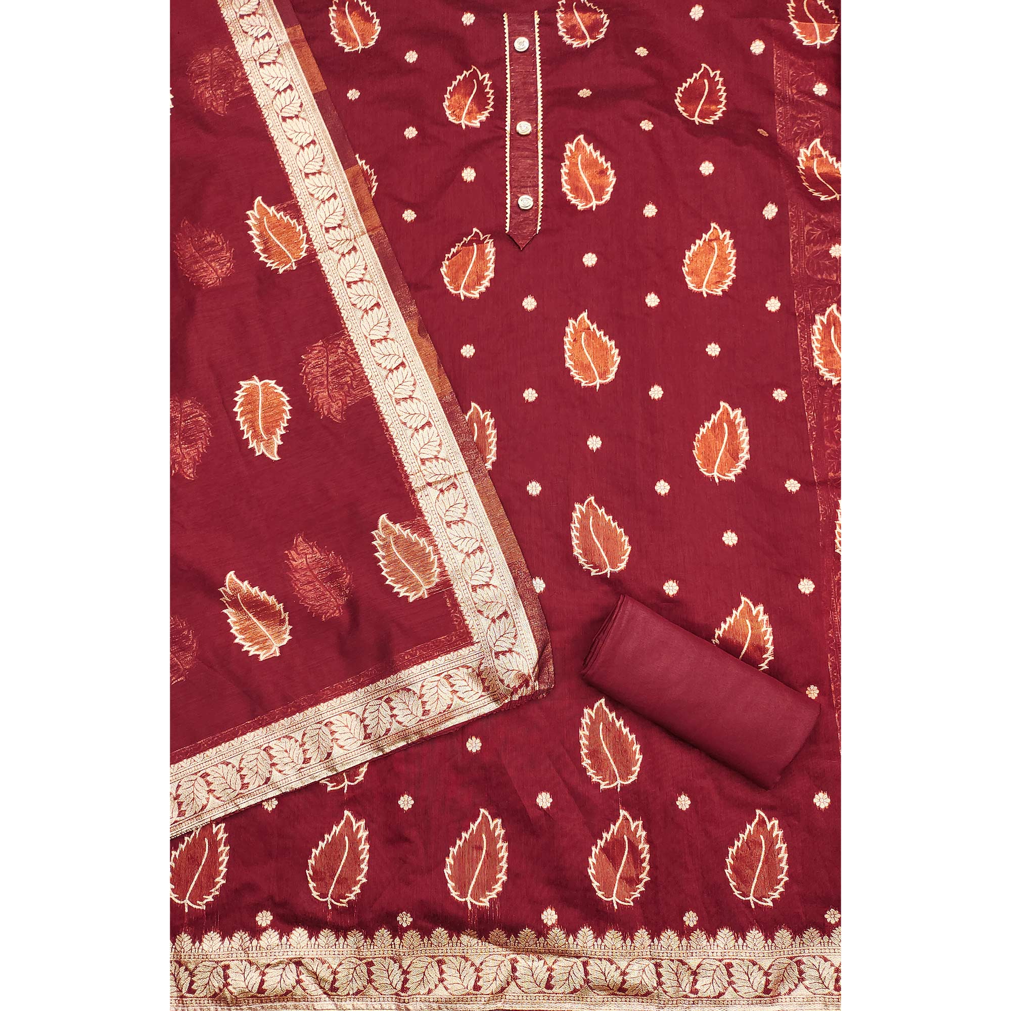 Maroon Floral Woven Shimmer Jacquard Dress Material - Image 4