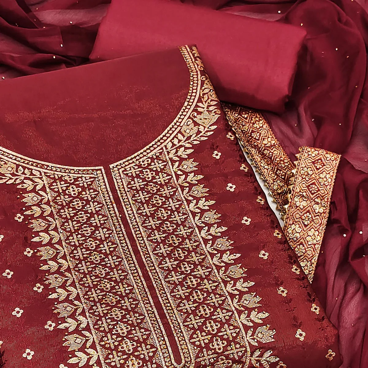 Maroon Floral Woven With Stonework Jacquard Dress Material - Image 2