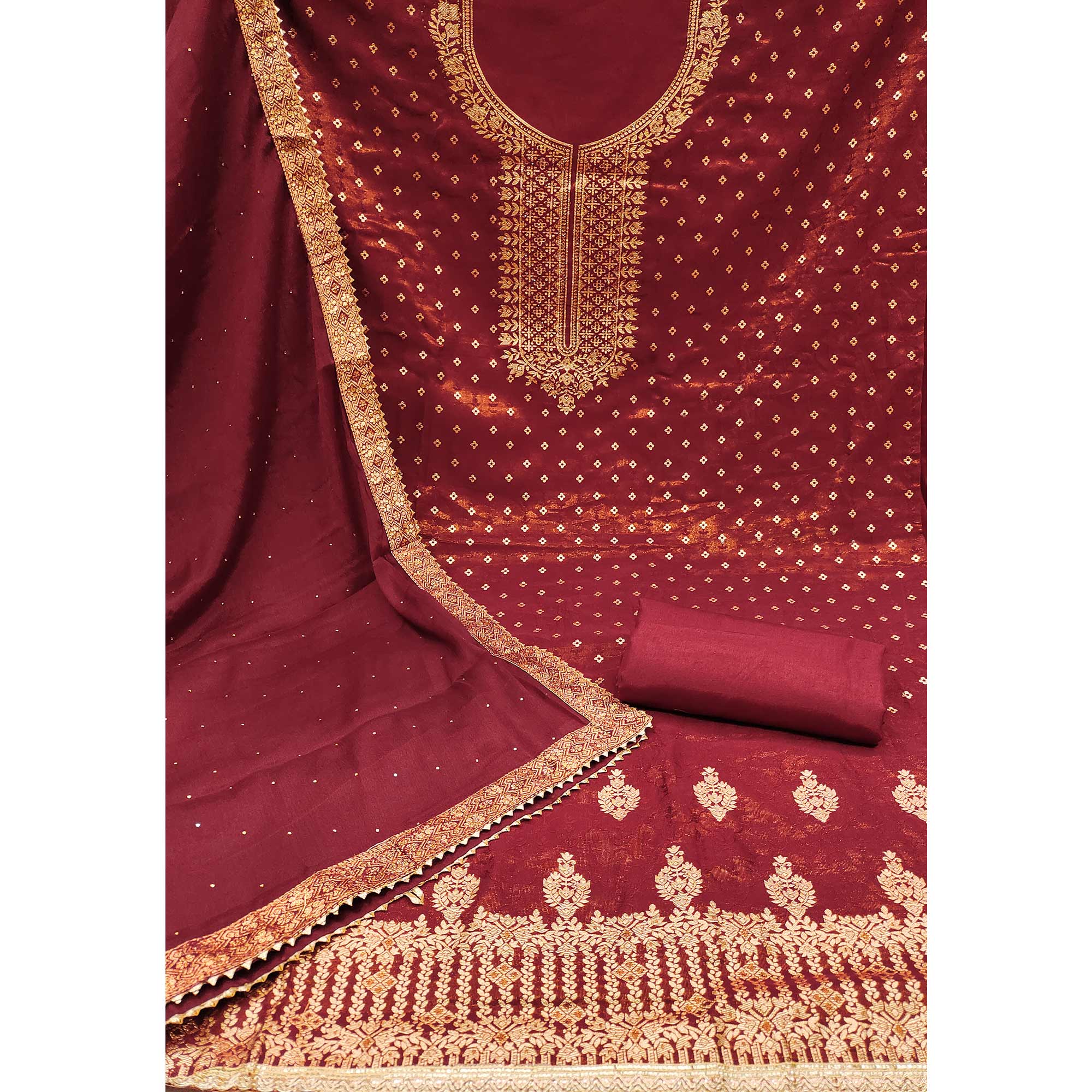 Maroon Floral Woven With Stonework Jacquard Dress Material - Image 3