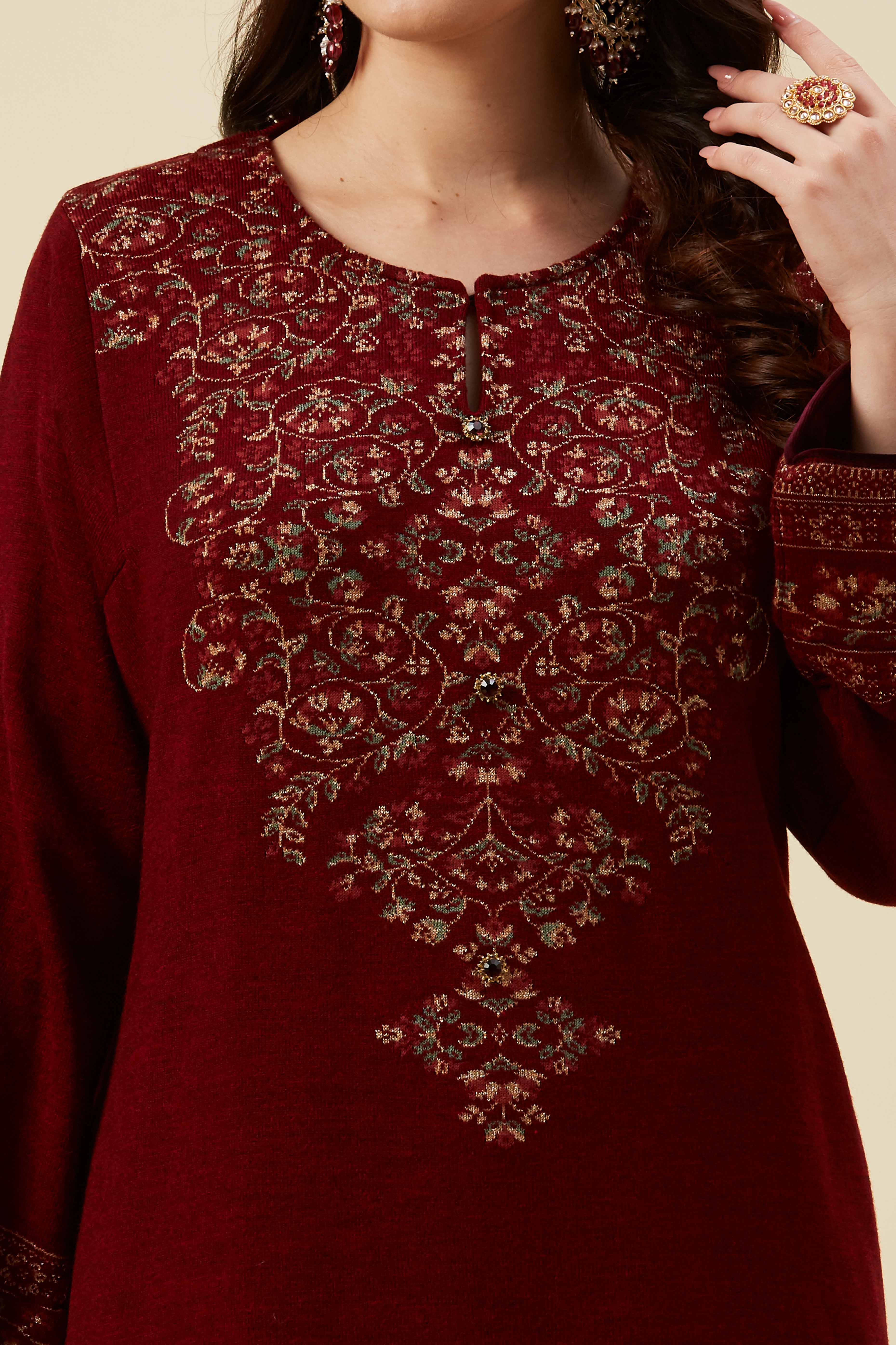 Maroon Floral Woven Woolen Straight Kurti - Image 2