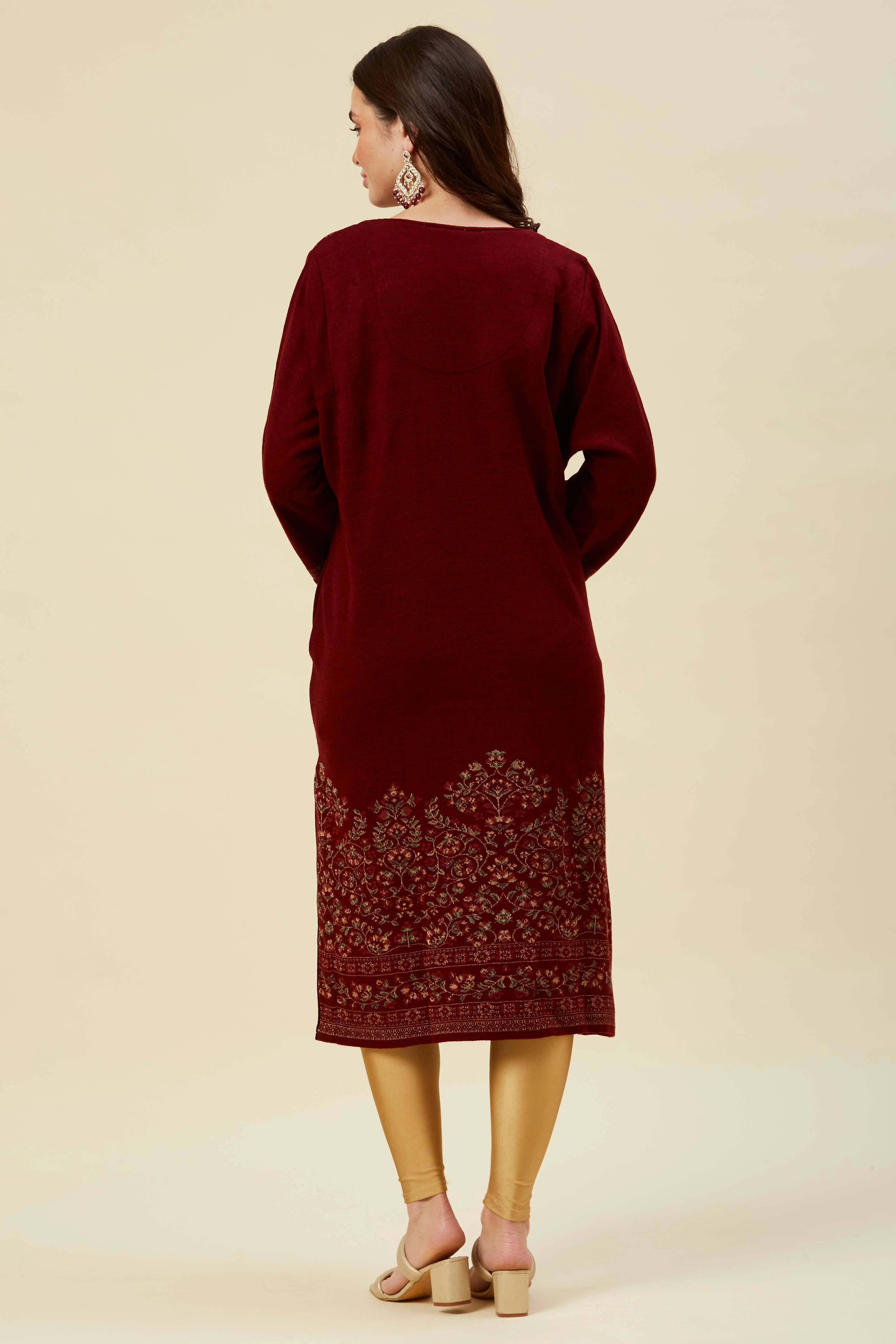 Maroon Floral Woven Woolen Straight Kurti - Image 3