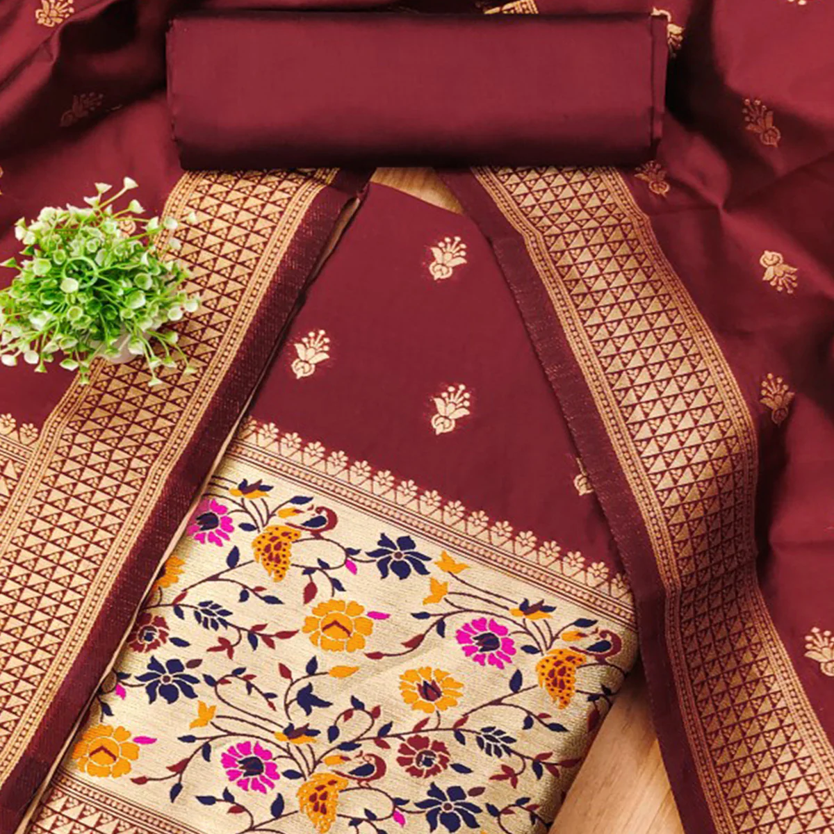 Maroon Floral Zari Woven Banarasi Silk Dress Material - Image 2