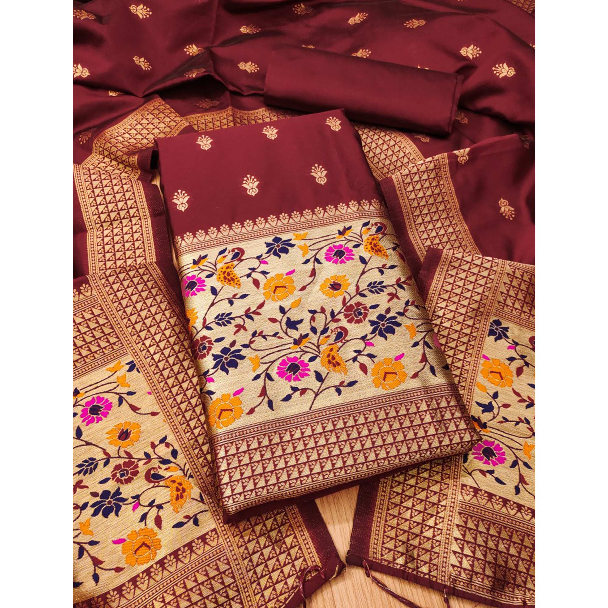 Maroon Floral Zari Woven Banarasi Silk Dress Material - Image 3