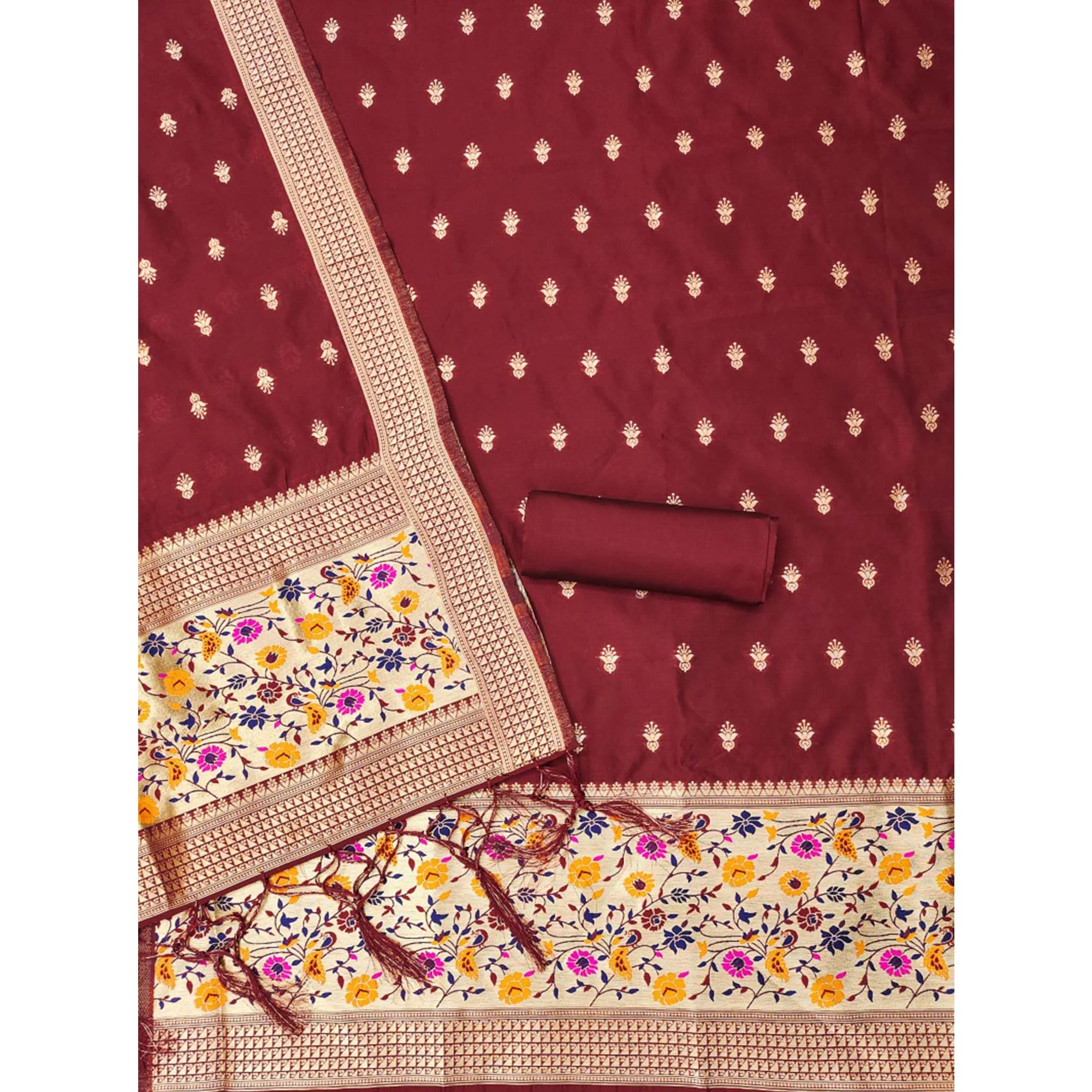 Maroon Floral Zari Woven Banarasi Silk Dress Material - Image 4