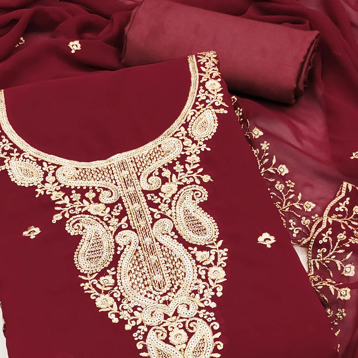 Maroon Georgette Dress Material Accentuated With Delicate Floral Embroidery & Sequins Work - Image 2