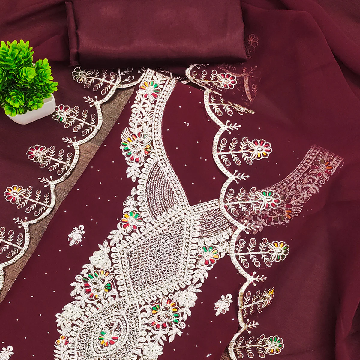 Maroon Georgette Dress Material Adorned With Elegant Floral Embroidery & Shimmering Swarovski Work - Image 2