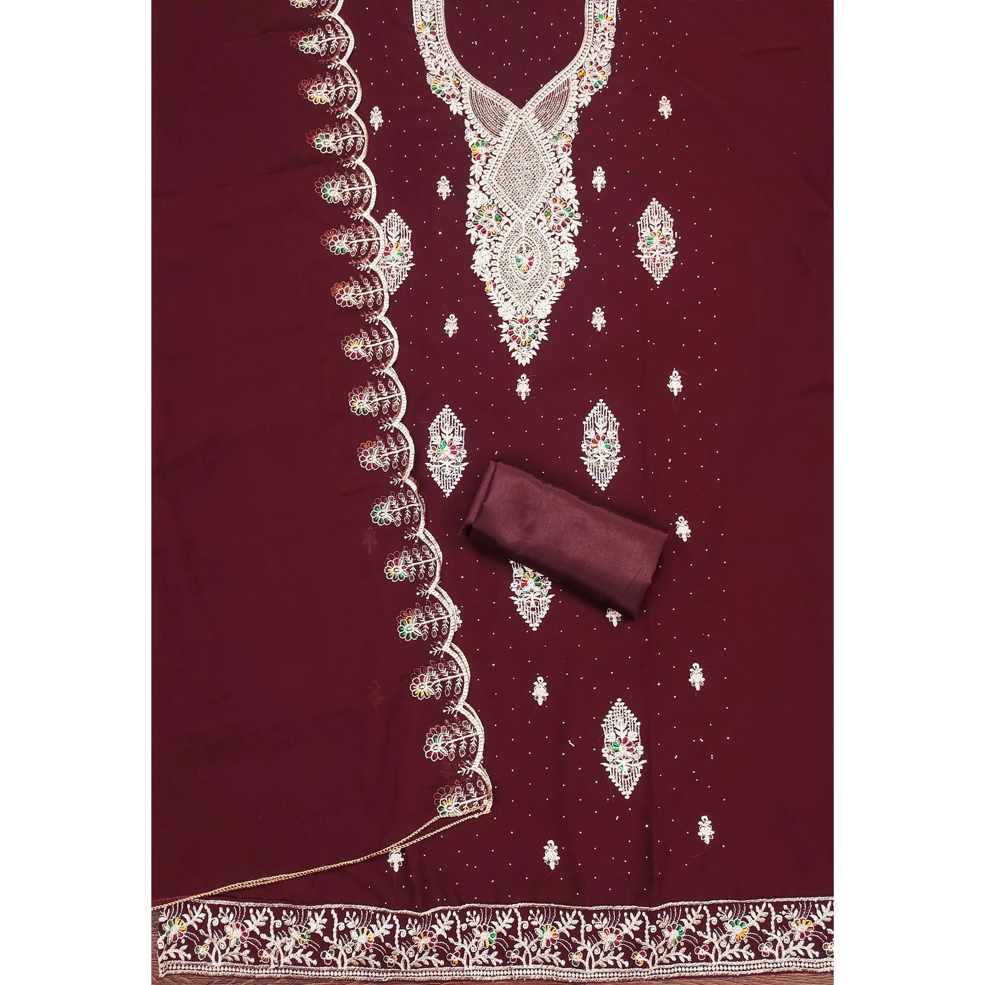 Maroon Georgette Dress Material Adorned With Elegant Floral Embroidery & Shimmering Swarovski Work - Image 4
