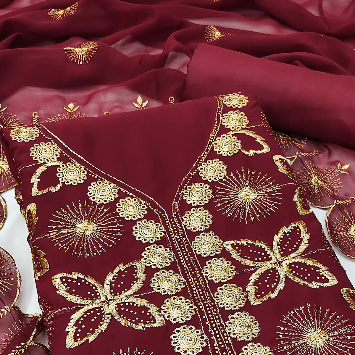 Maroon Georgette Dress Material Featuring Delicate Floral Zari Embroidery - Image 2