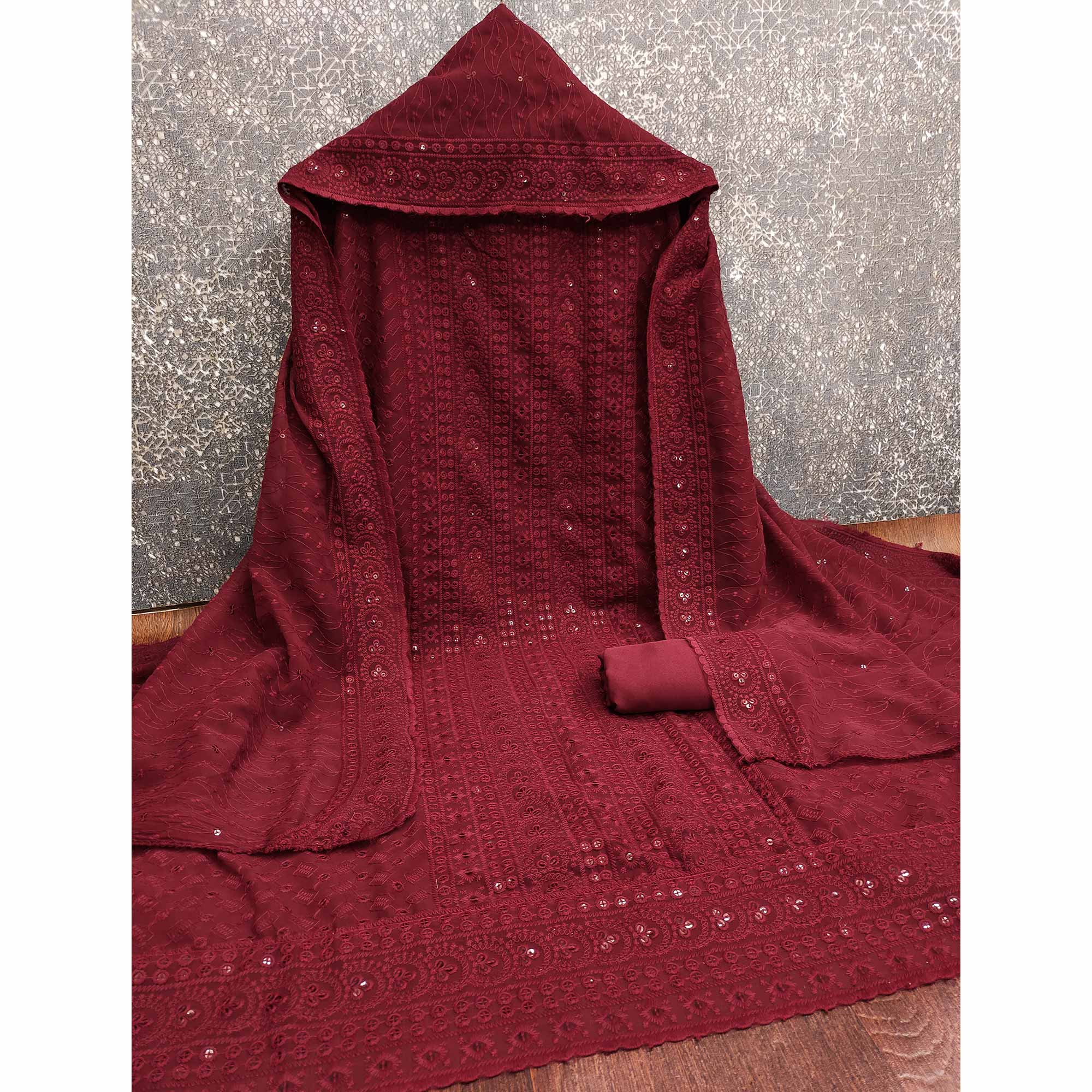 Maroon Georgette Dress Material With Intricate Floral Thread & Sparkling Sequins Work - Image 3