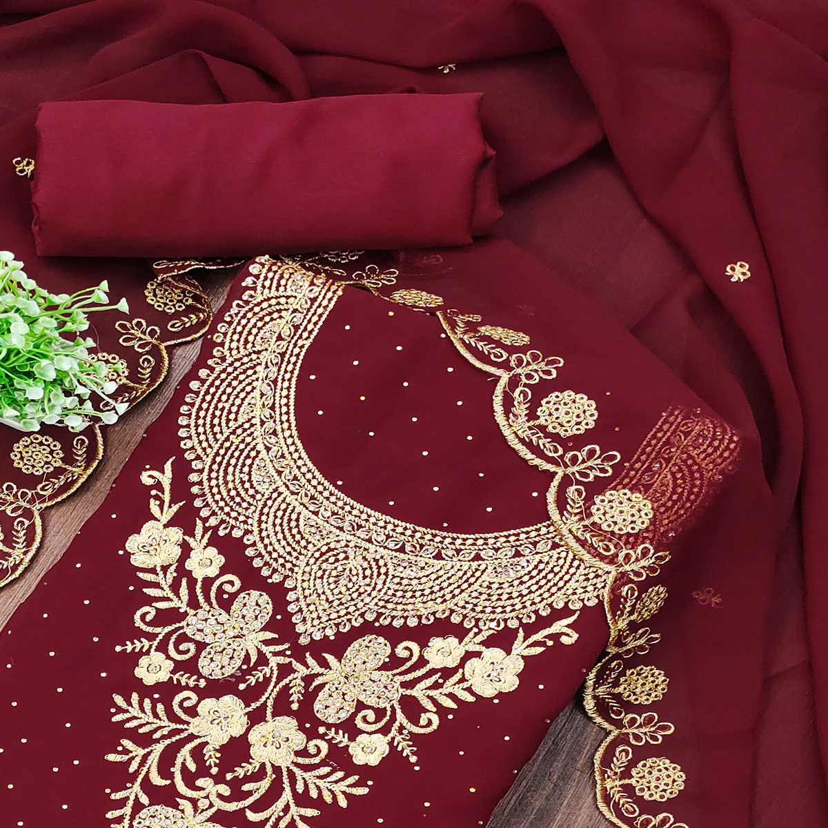 Maroon Georgette Dress Material With Intricate Thread And Stone Work Embroidery - Image 2