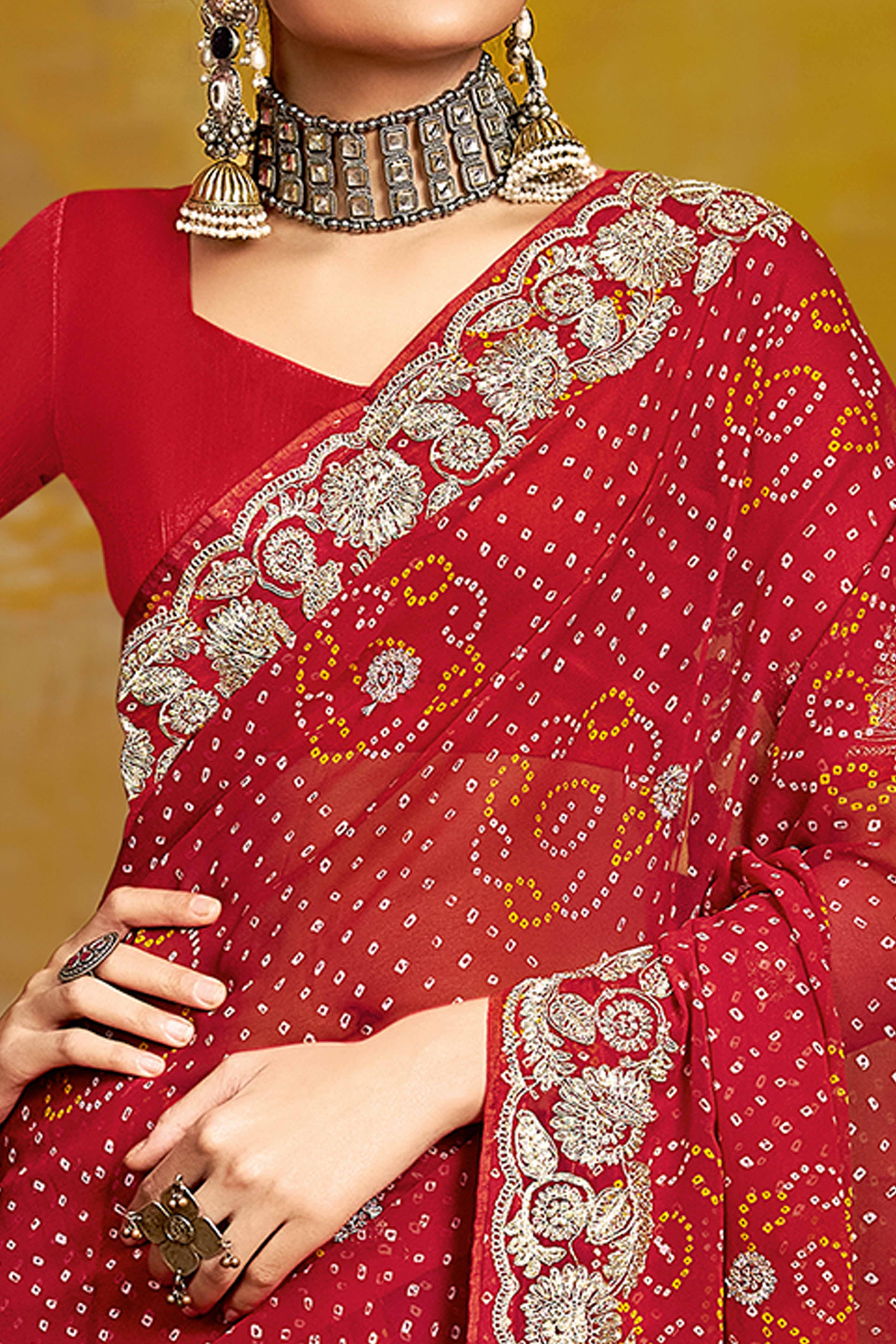Maroon Georgette Saree Adorned With Traditional Bandhani Prints & Intricate Floral Embroidery - Image 2