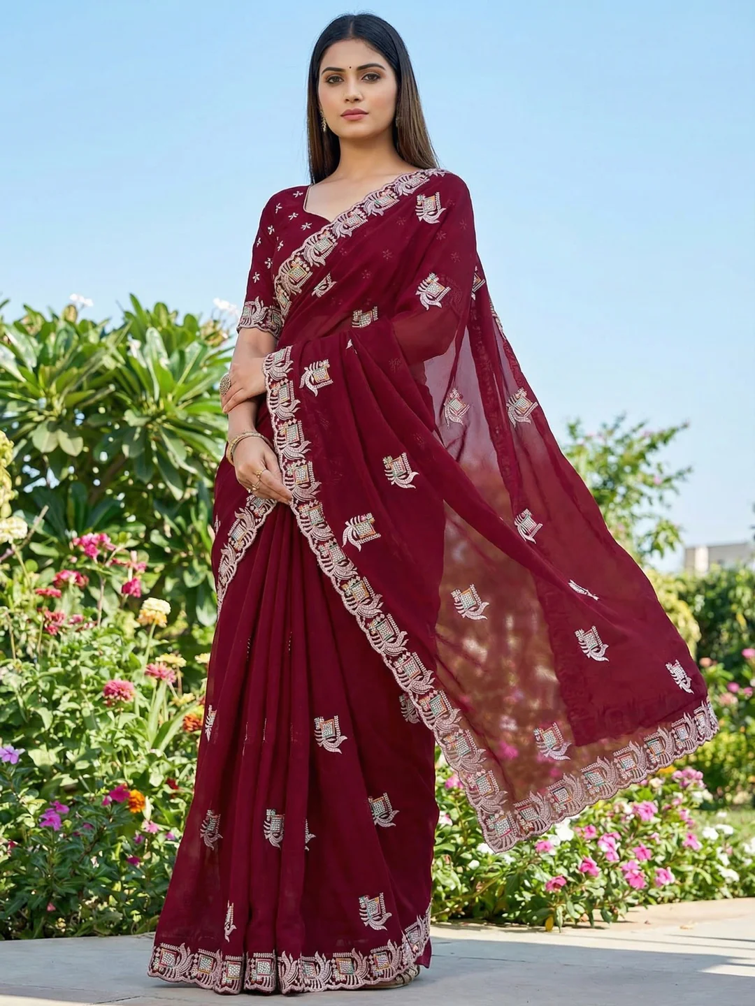 Maroon Georgette Saree with Embroidered Design and Stone Work