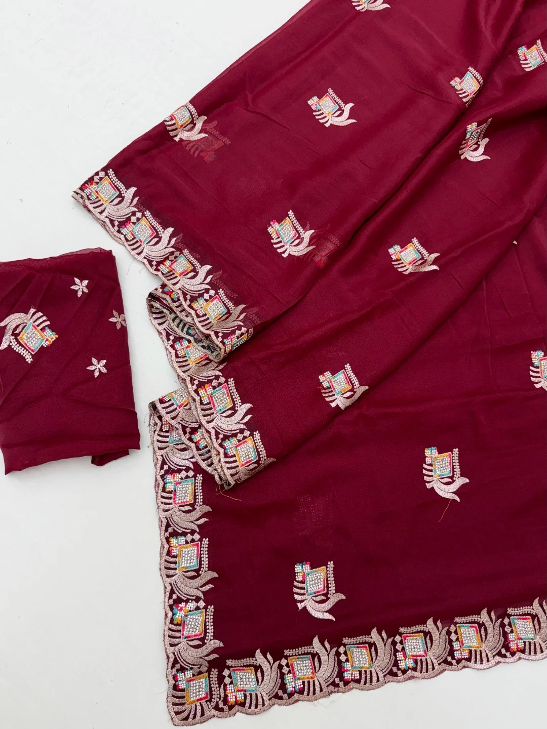 Maroon Georgette Saree with Embroidered Design and Stone Work - Image 2