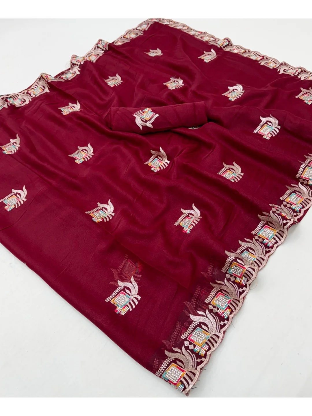 Maroon Georgette Saree with Embroidered Design and Stone Work - Image 3