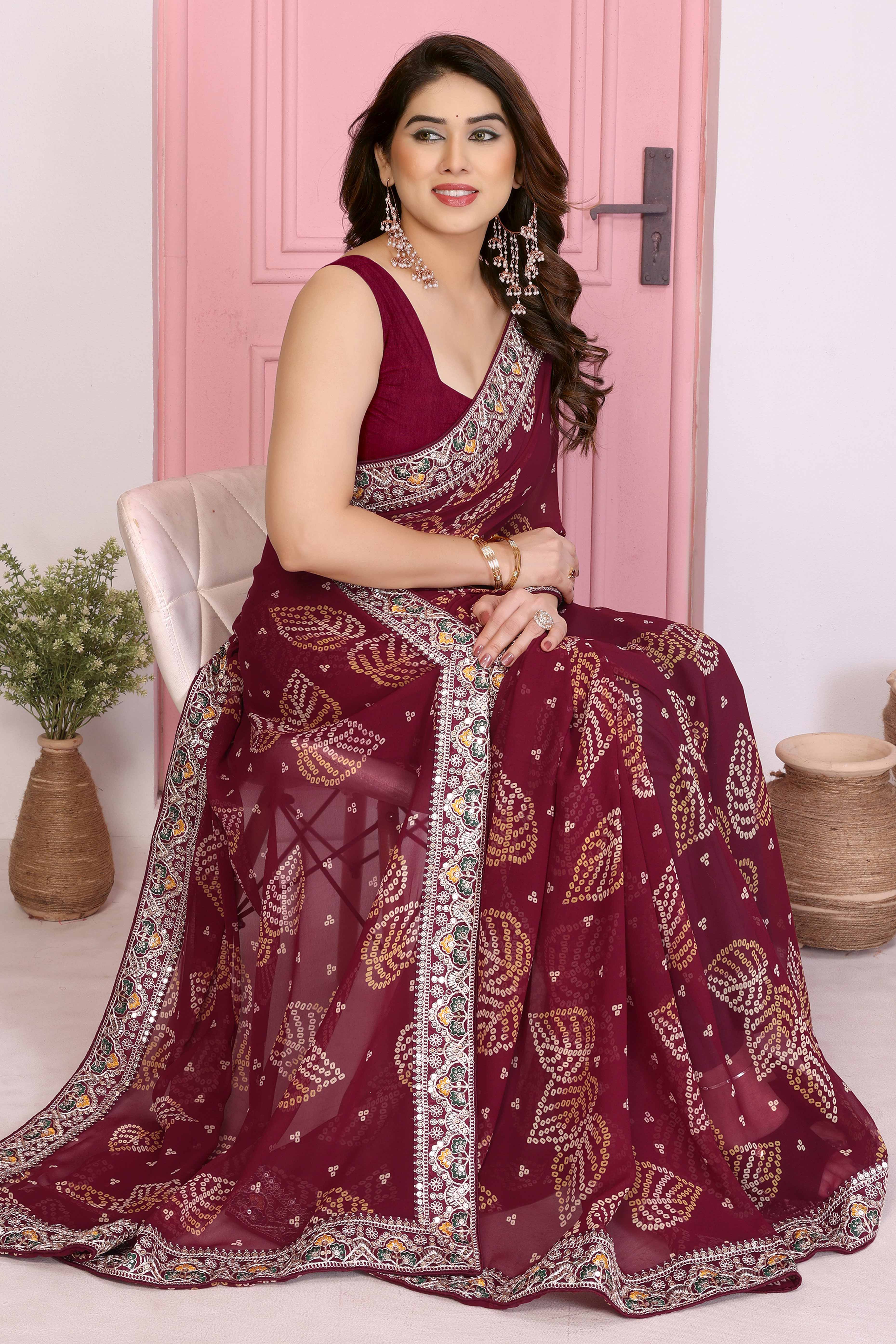 Maroon Georgette Saree with Traditional Bandhani Print and Lace Accents - Image 5