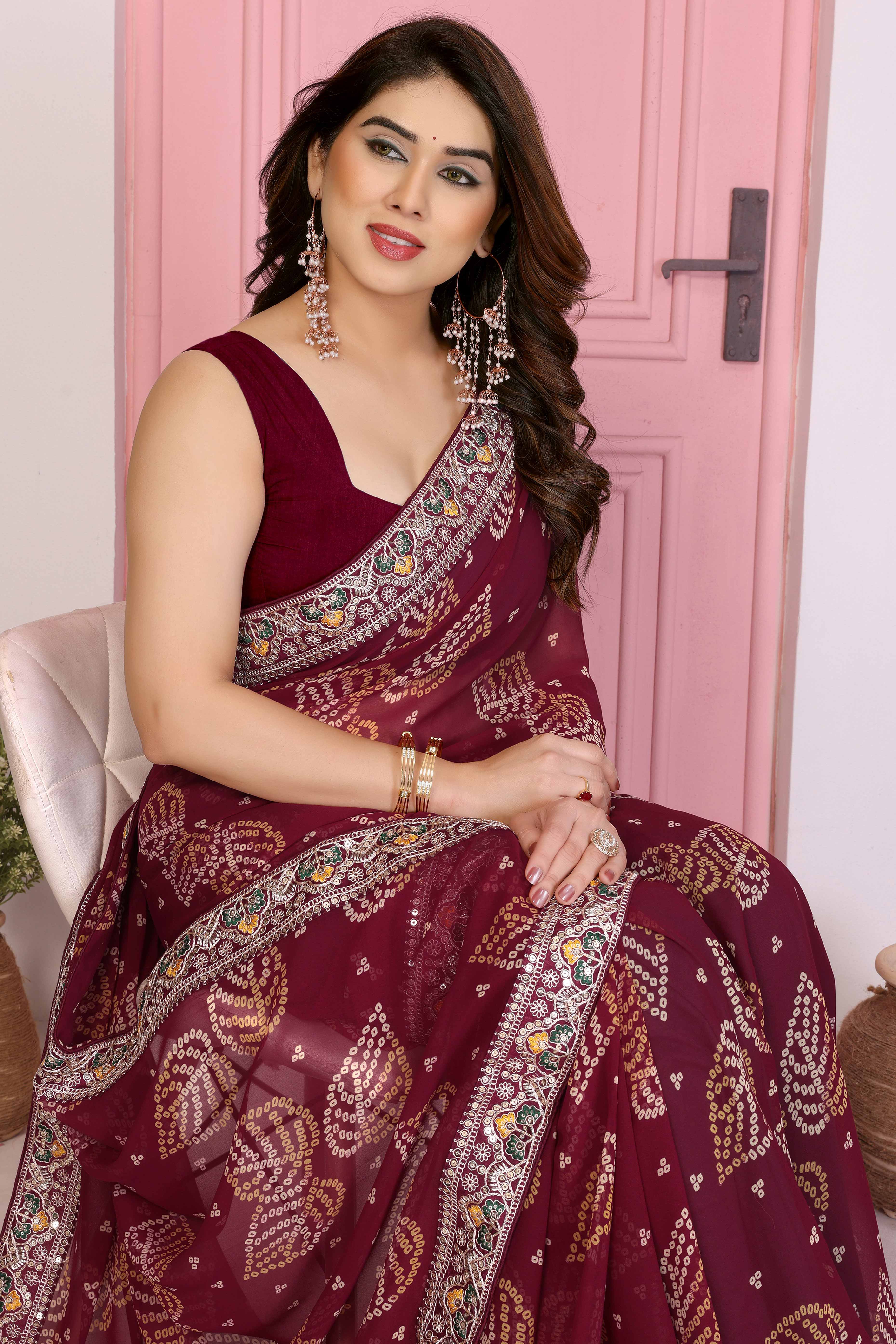 Maroon Georgette Saree with Traditional Bandhani Print and Lace Accents - Image 6