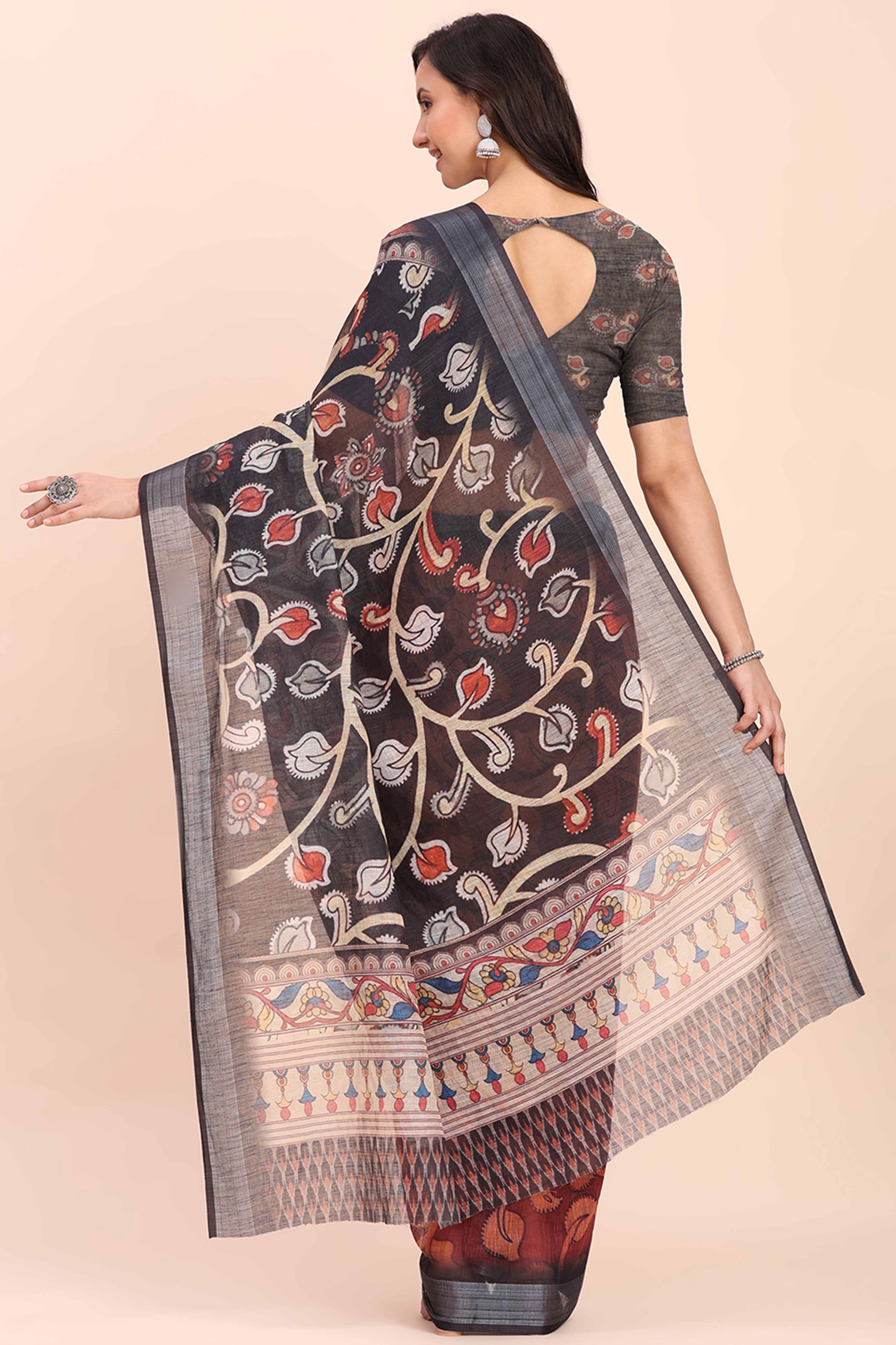 Maroon Linen Saree with Intricate Silver Weaving - Image 5