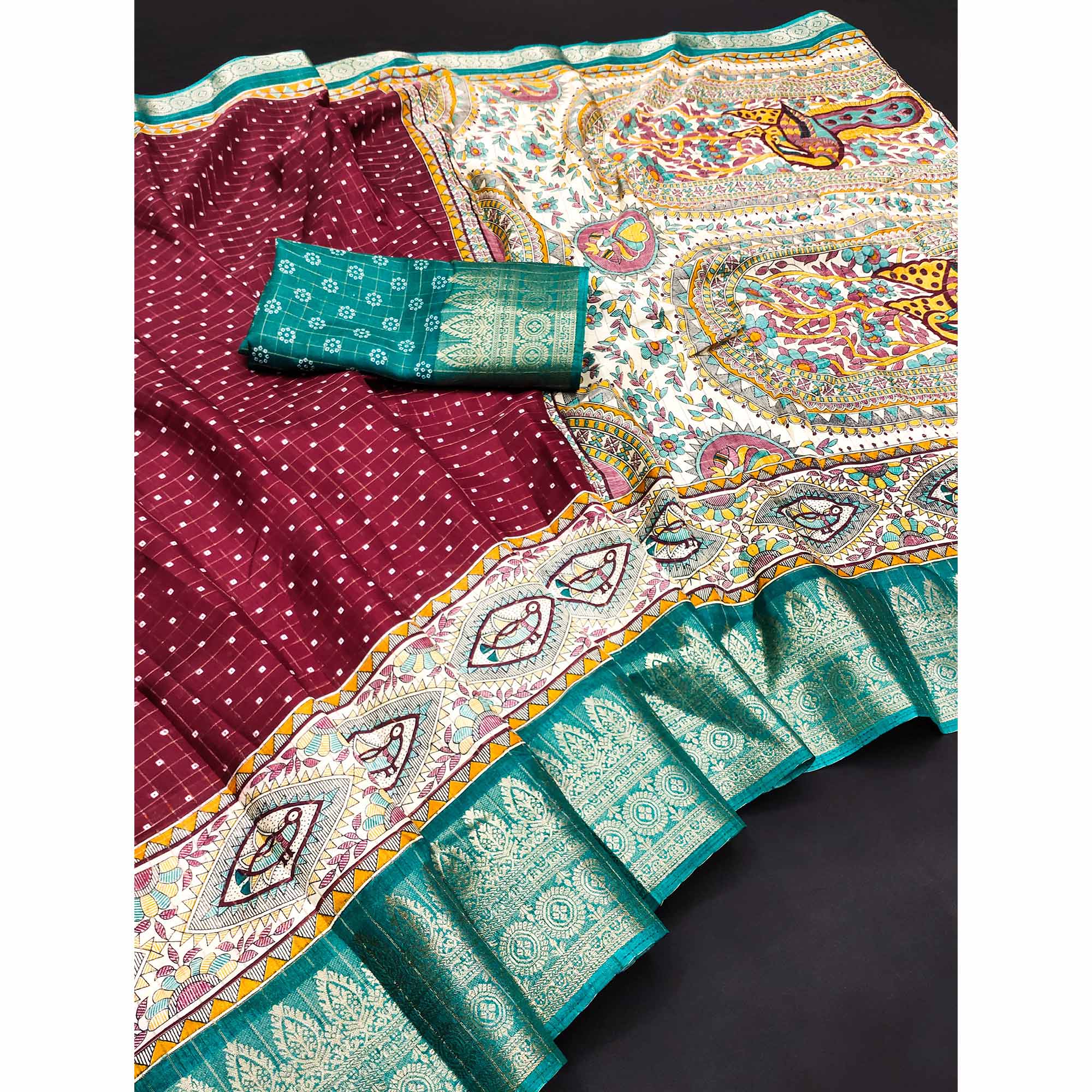 Maroon Madhubani Work Woven Dola Silk Saree - Image 3