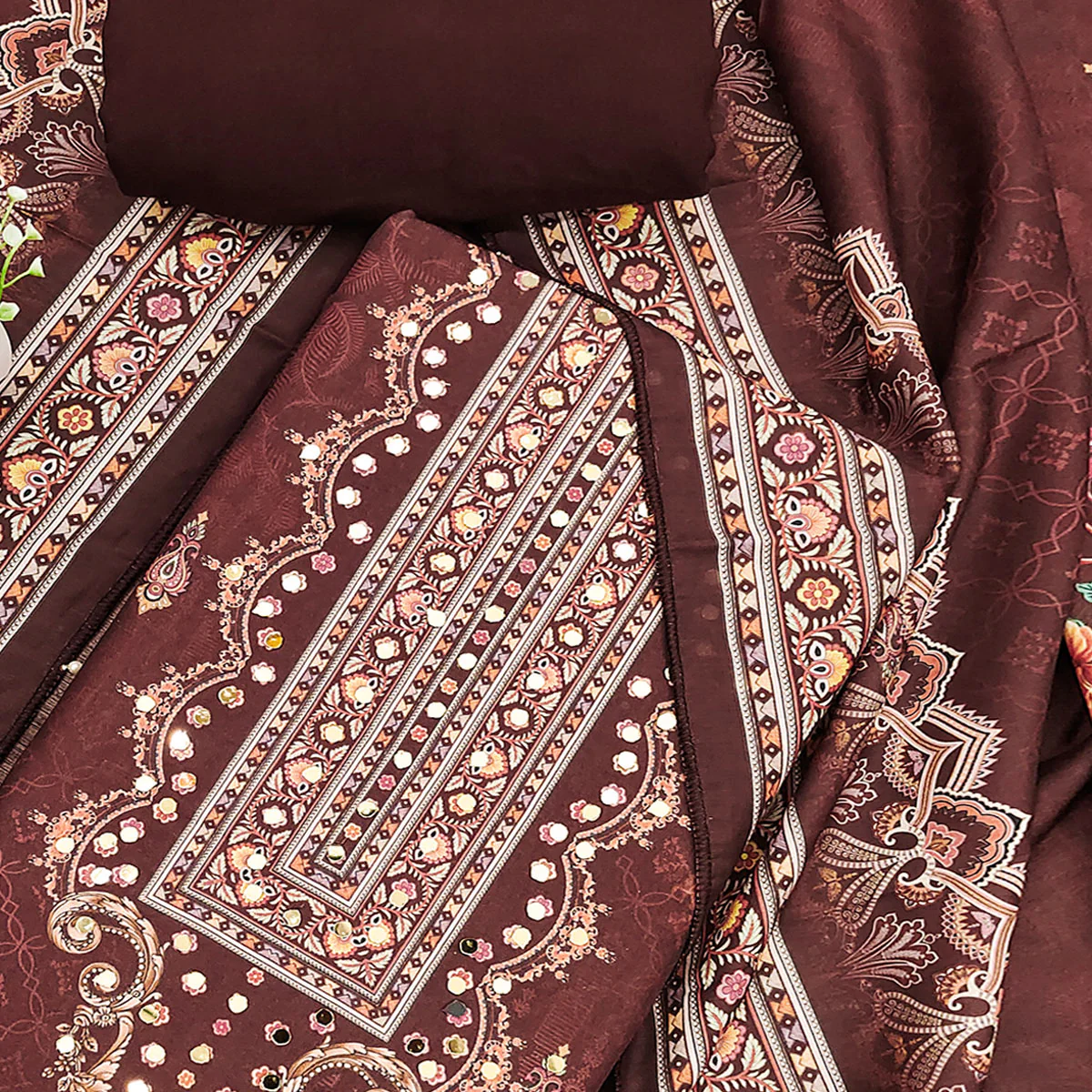 Maroon Muslin Suit Fabric Featuring Floral Print & Stone Highlights - Image 2