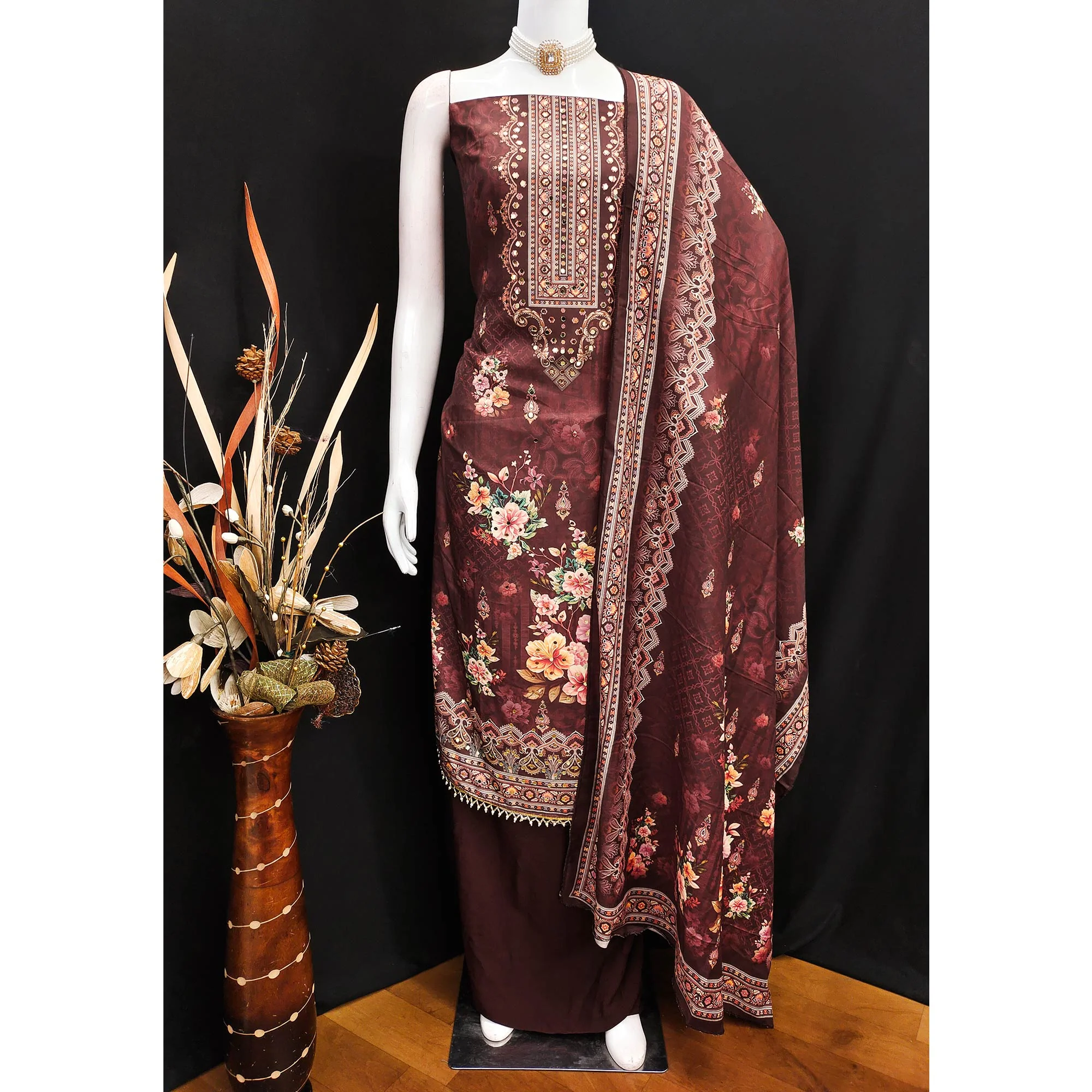 Maroon Muslin Suit Fabric Featuring Floral Print & Stone Highlights - Image 6