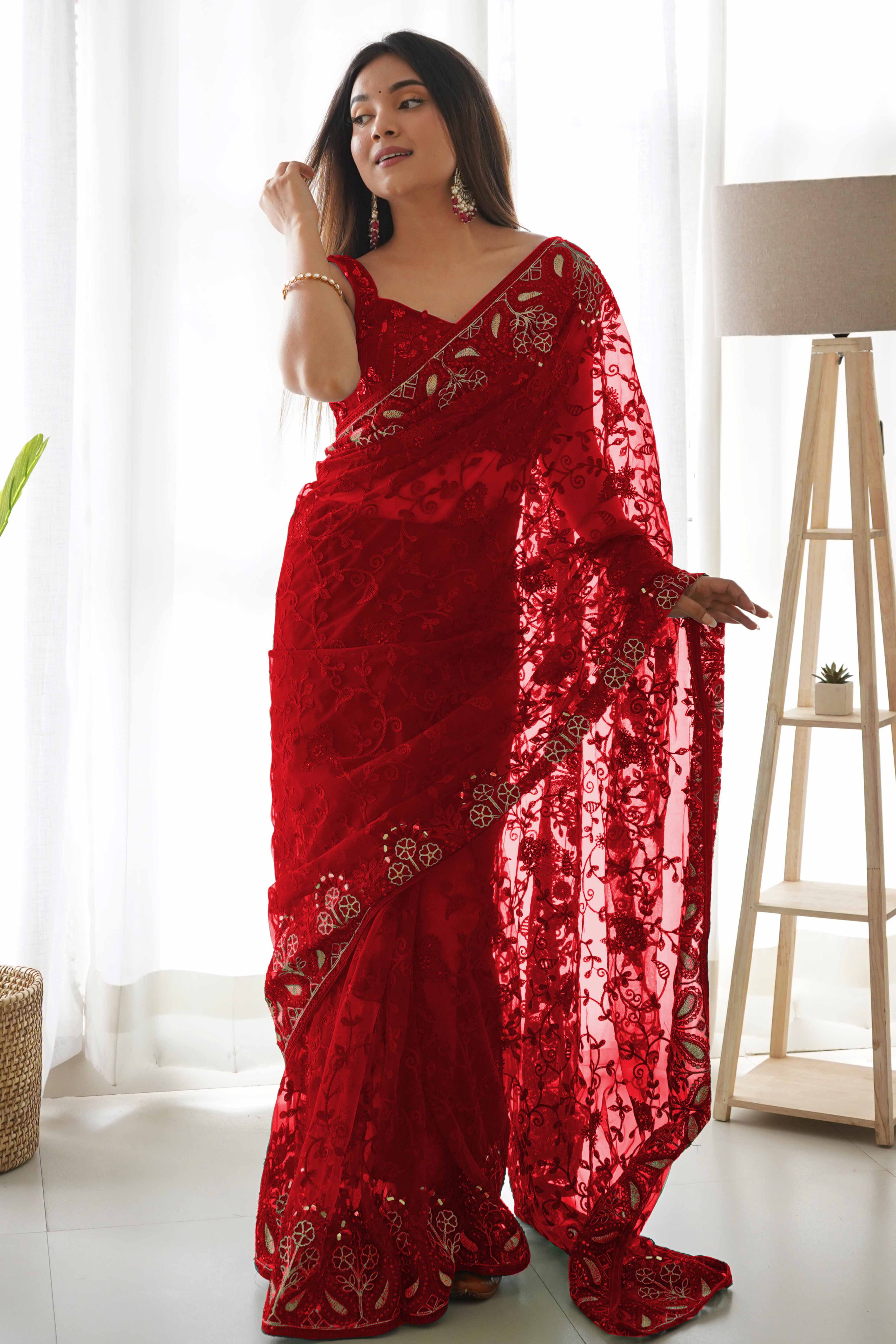 Maroon Net Saree With Floral Thread Embroidery Adorned In Stone & Mirror Accents - Image 3