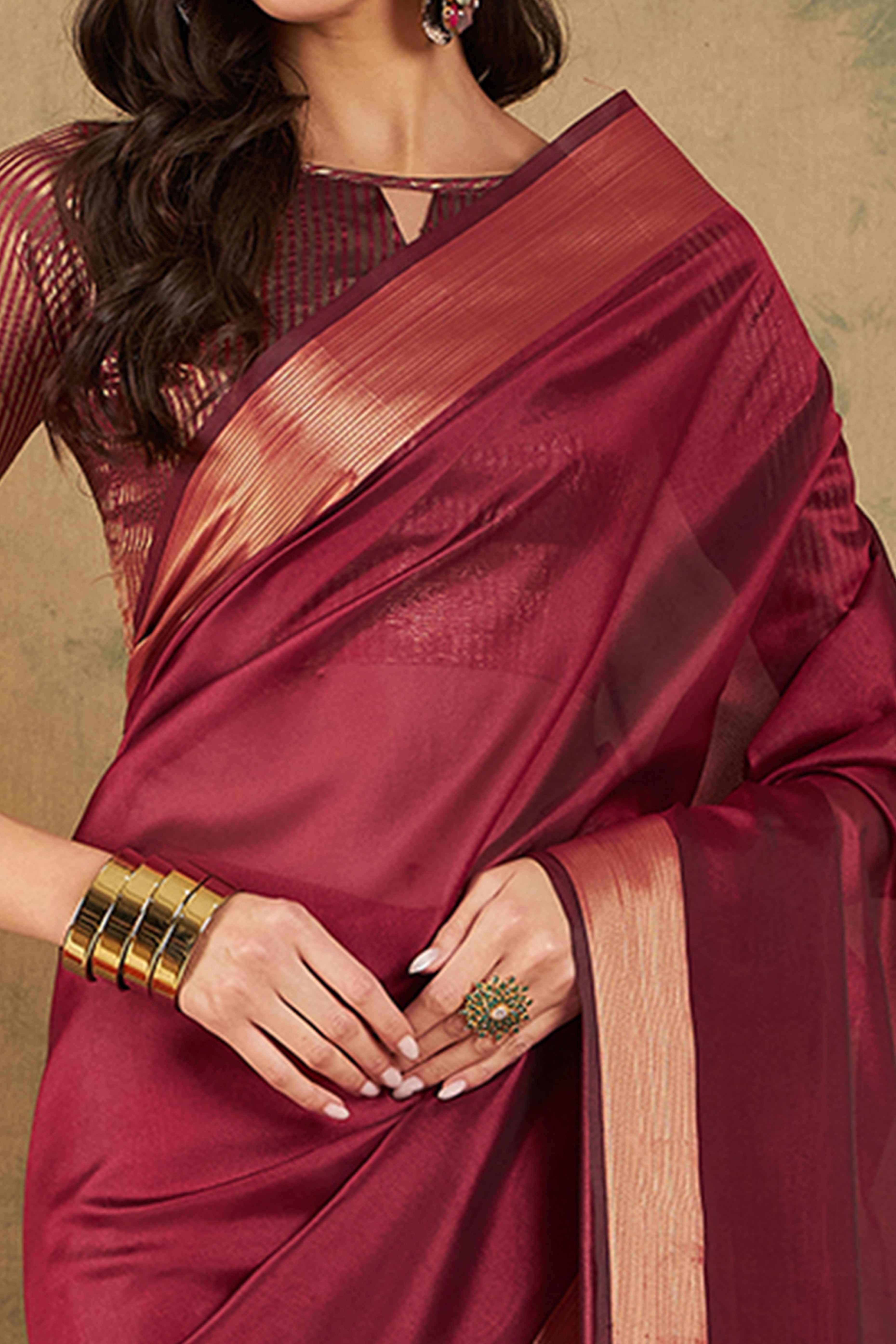 Maroon Organza Saree In Organza With Delicate Weaving Border And Tassel Details - Image 2