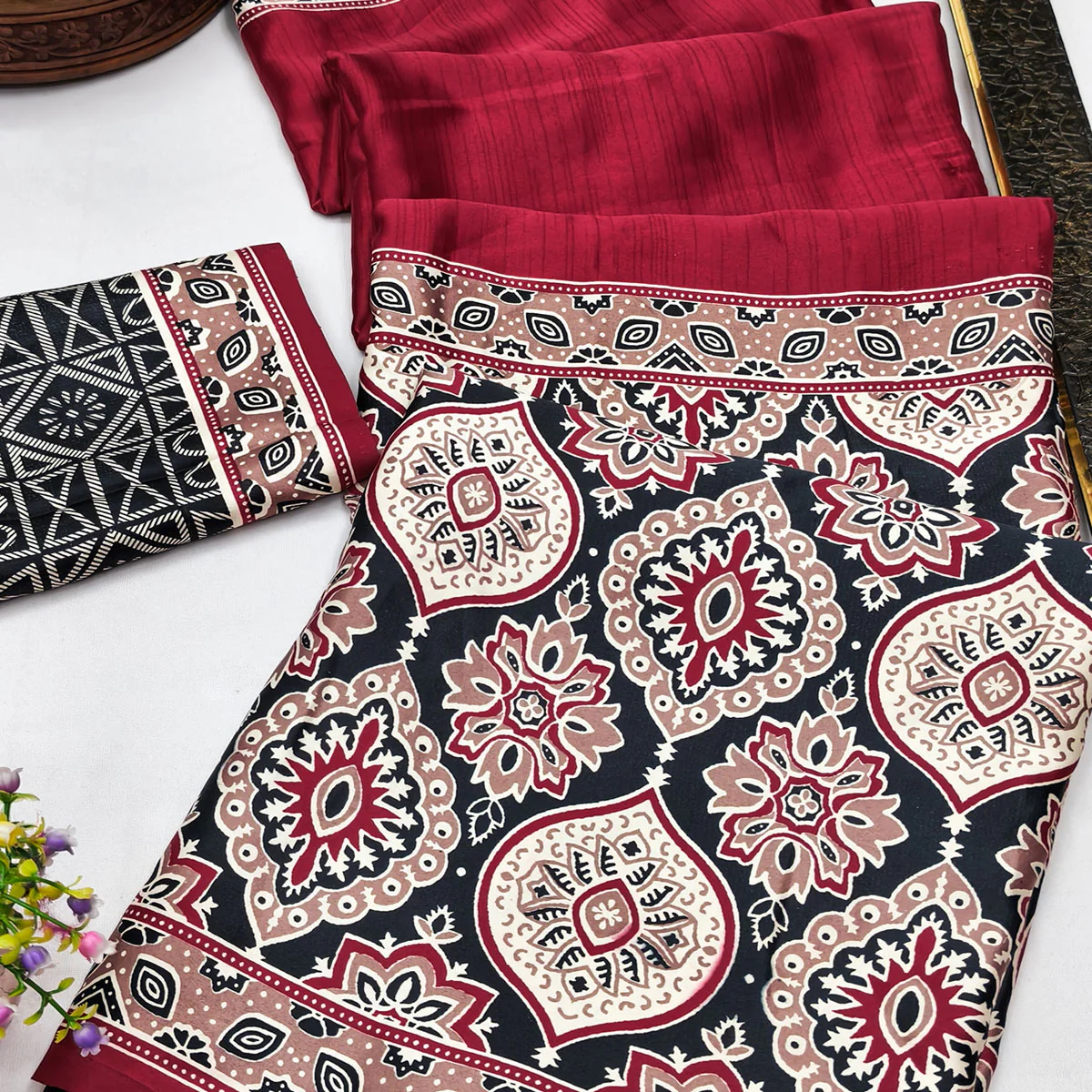 Maroon Premium Crepe Silk Lightweight Saree Adorned with Classic Ajrakh Patterns - Image 2