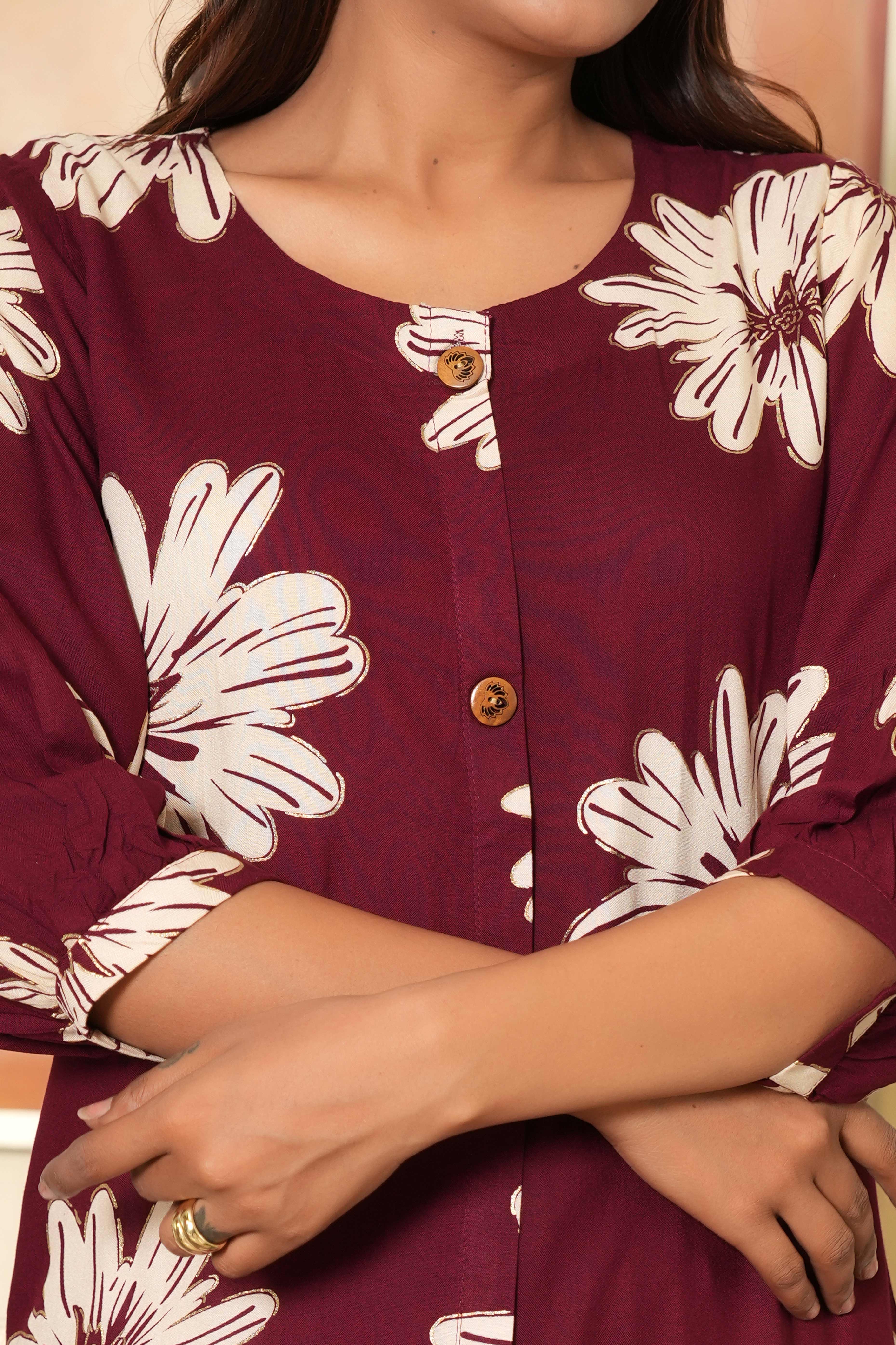 Maroon Printed Rayon Kurti in Flattering A-Line Fit - Image 2