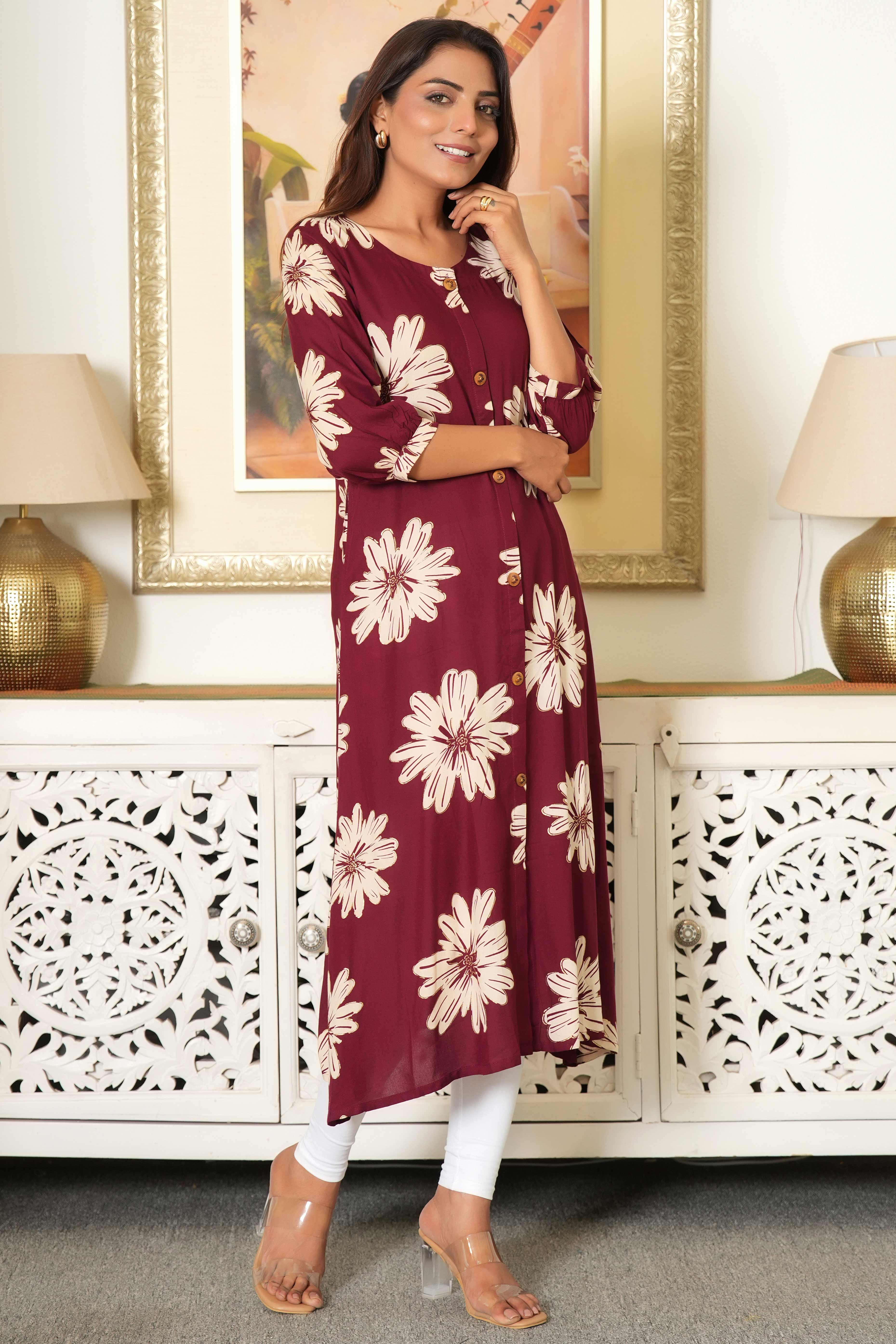 Maroon Printed Rayon Kurti in Flattering A-Line Fit - Image 3