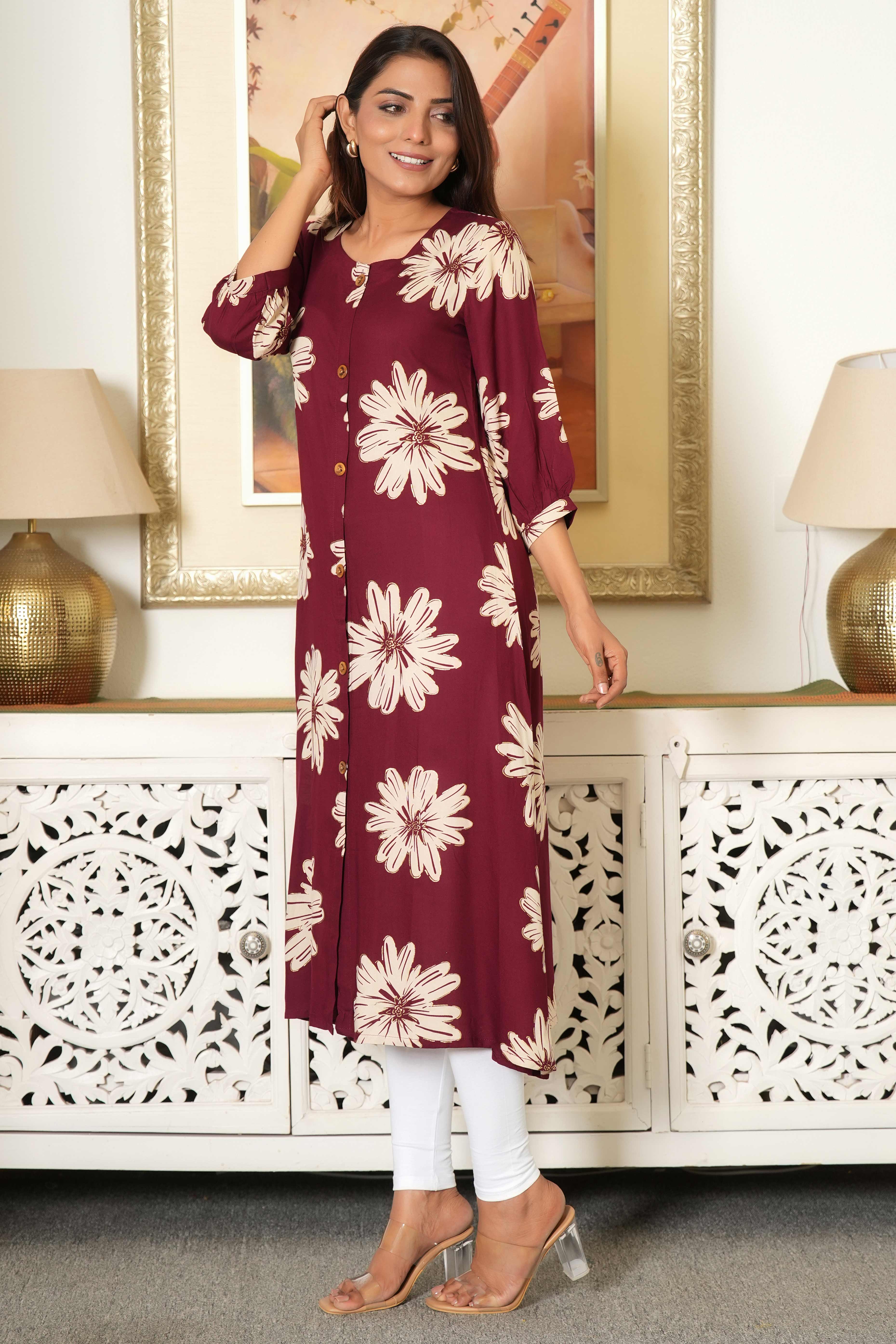 Maroon Printed Rayon Kurti in Flattering A-Line Fit - Image 4