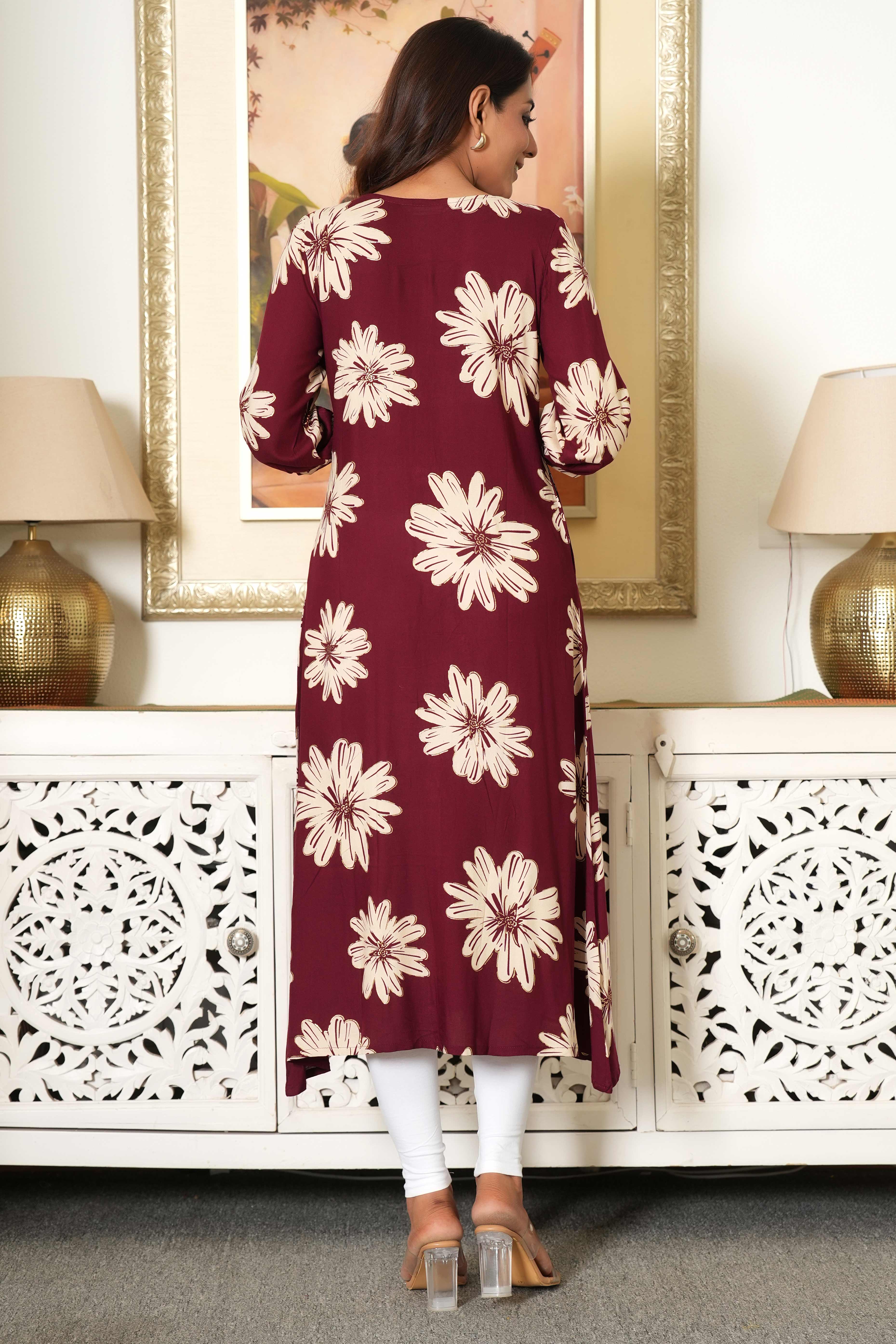 Maroon Printed Rayon Kurti in Flattering A-Line Fit - Image 6