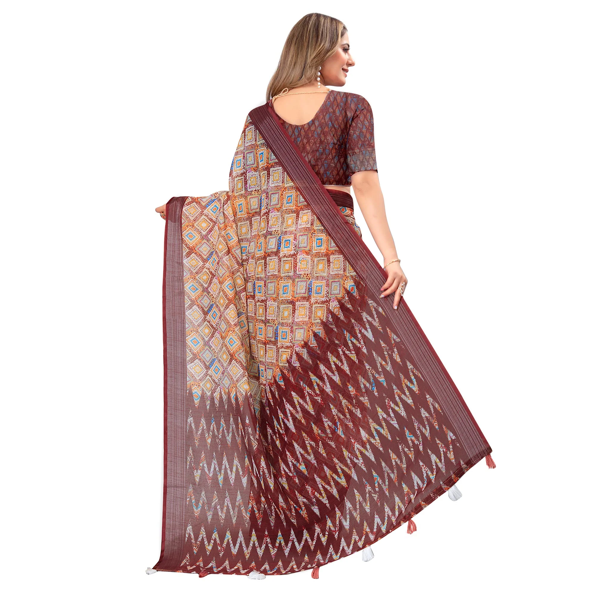 Maroon Printed Linen Saree - Image 6