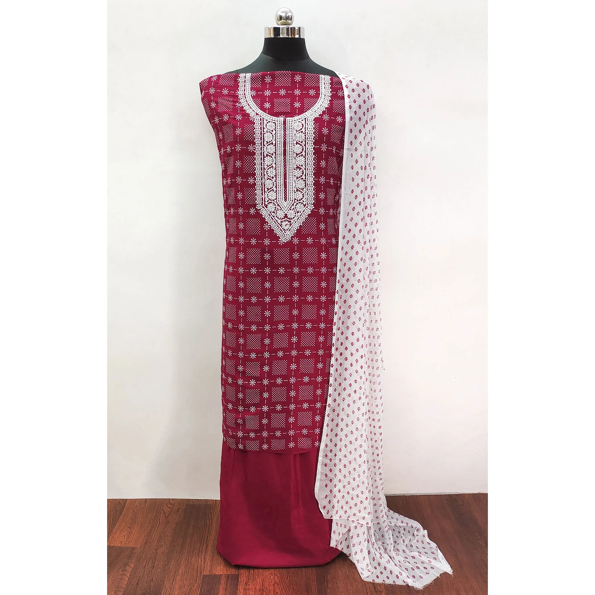 Maroon Printed Rayon Dress Material - Image 3