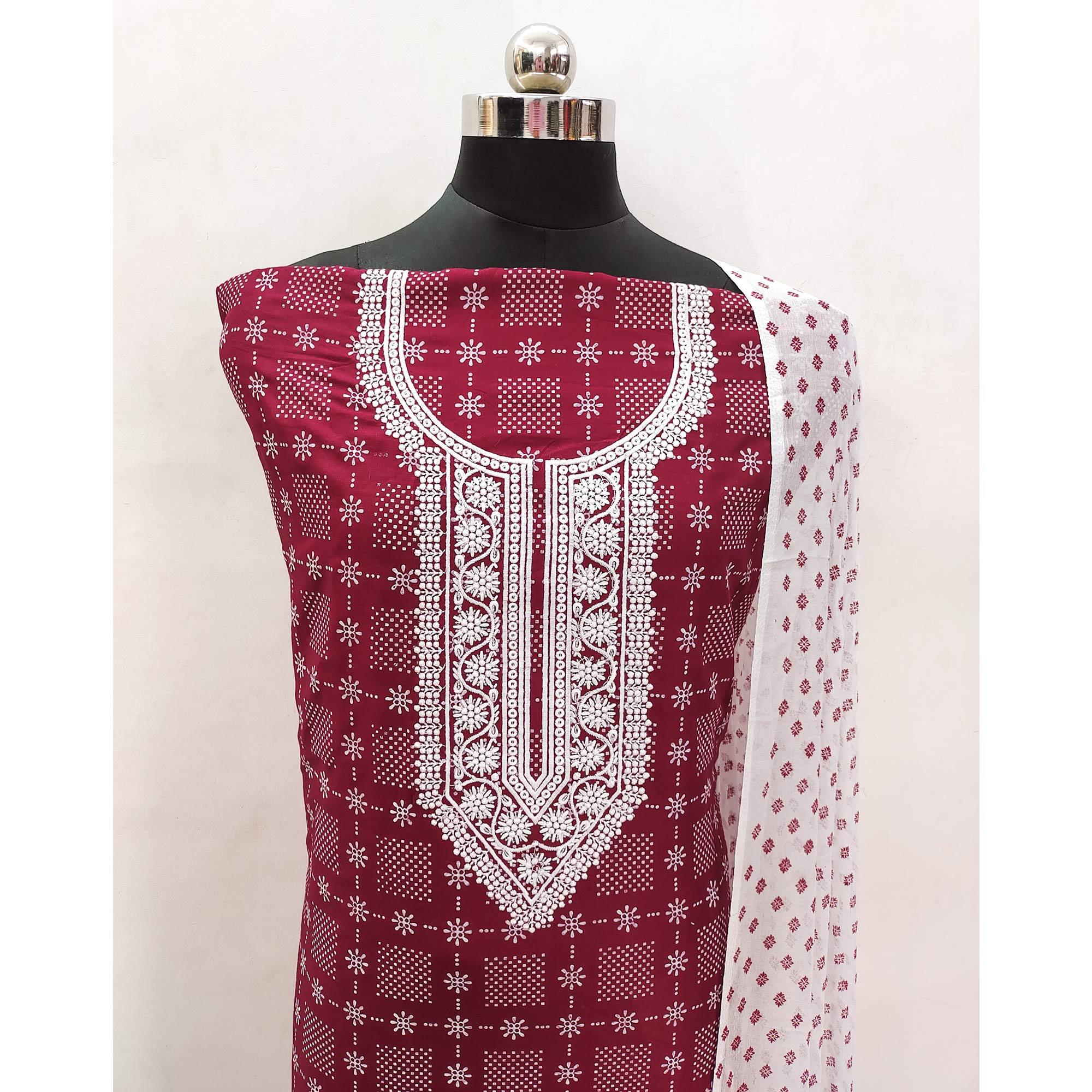 Maroon Printed Rayon Dress Material - Image 4