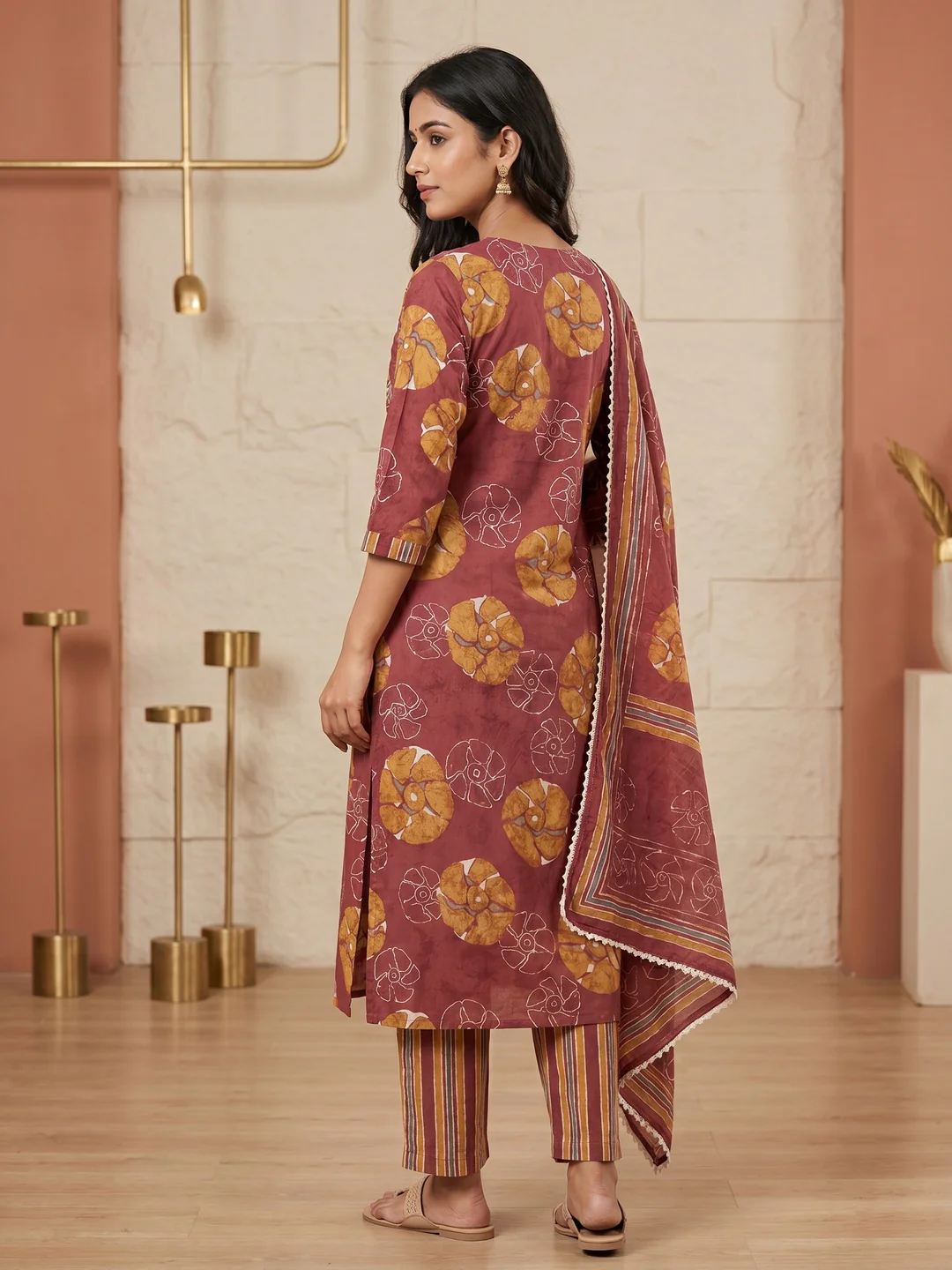 Maroon Pure Cotton Floral Printed Salwar Suit Set - Image 3