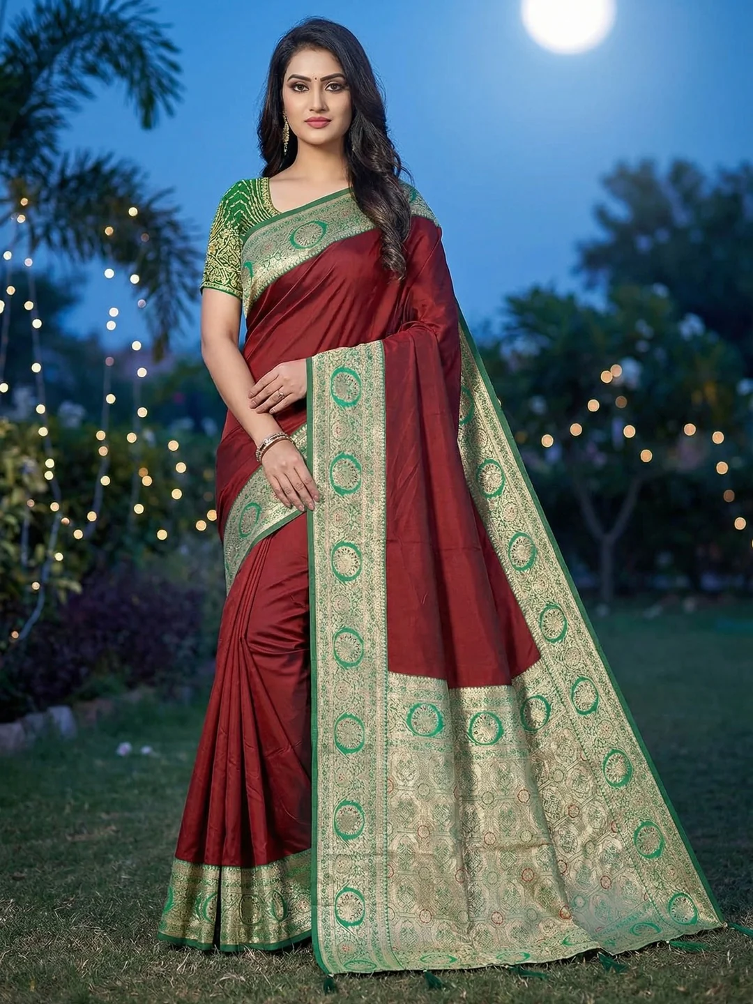 Maroon Pure Silk Saree with Fine Woven Border and Ready Made Stitched Blouse
