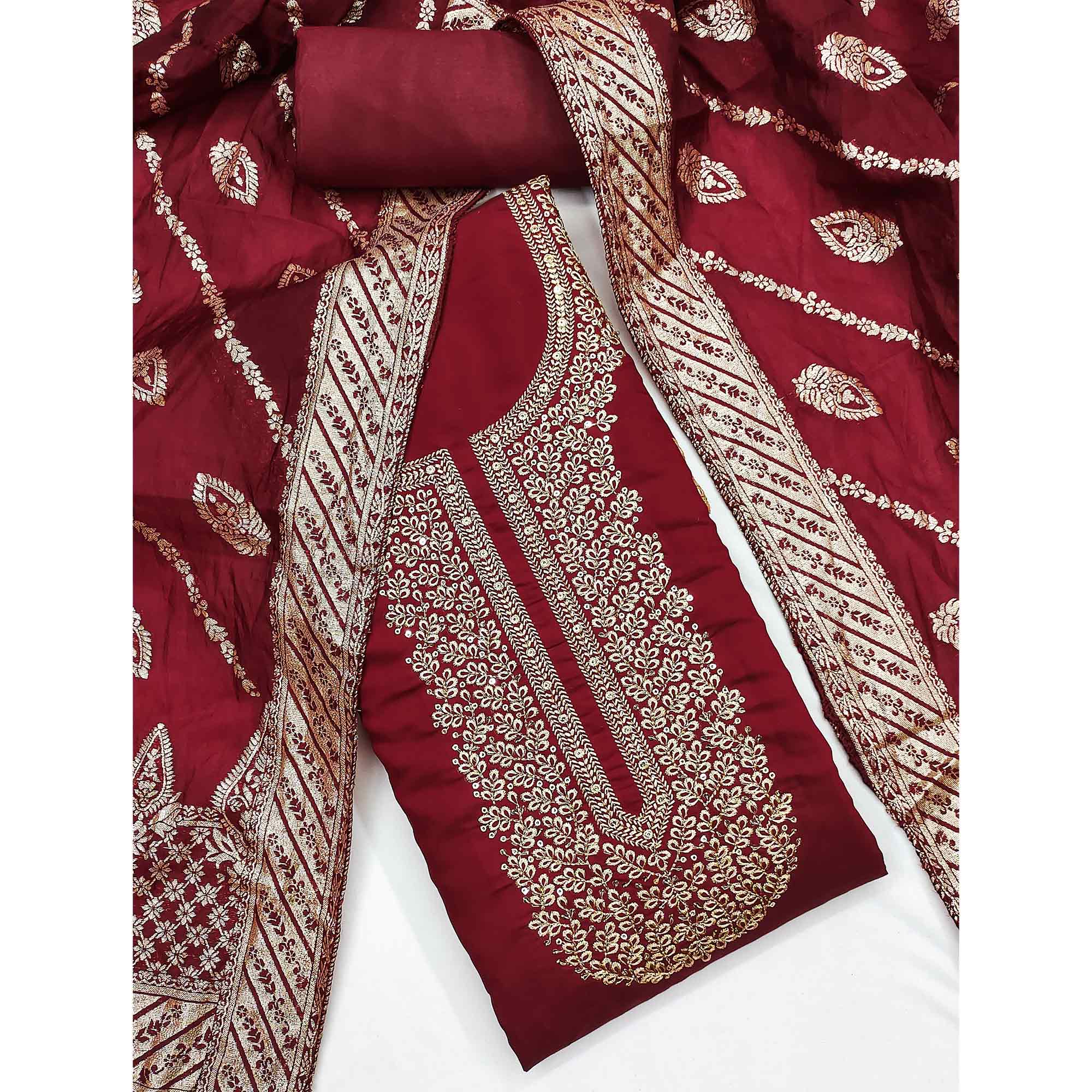 Maroon Roman Chanderi Silk Dress Material With Elegant Floral & Cording Embroidery Work - Image 3