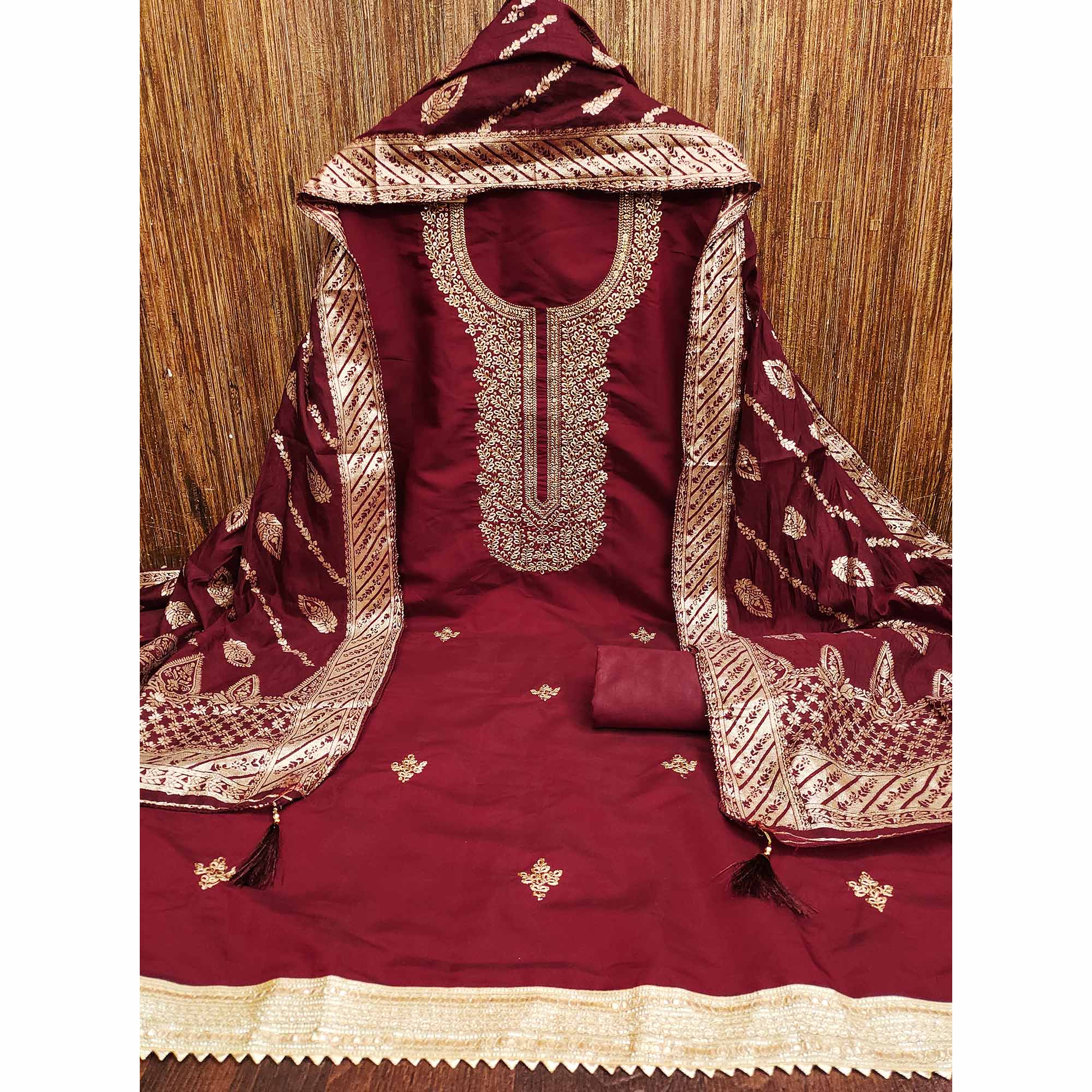 Maroon Roman Chanderi Silk Dress Material With Elegant Floral & Cording Embroidery Work - Image 4