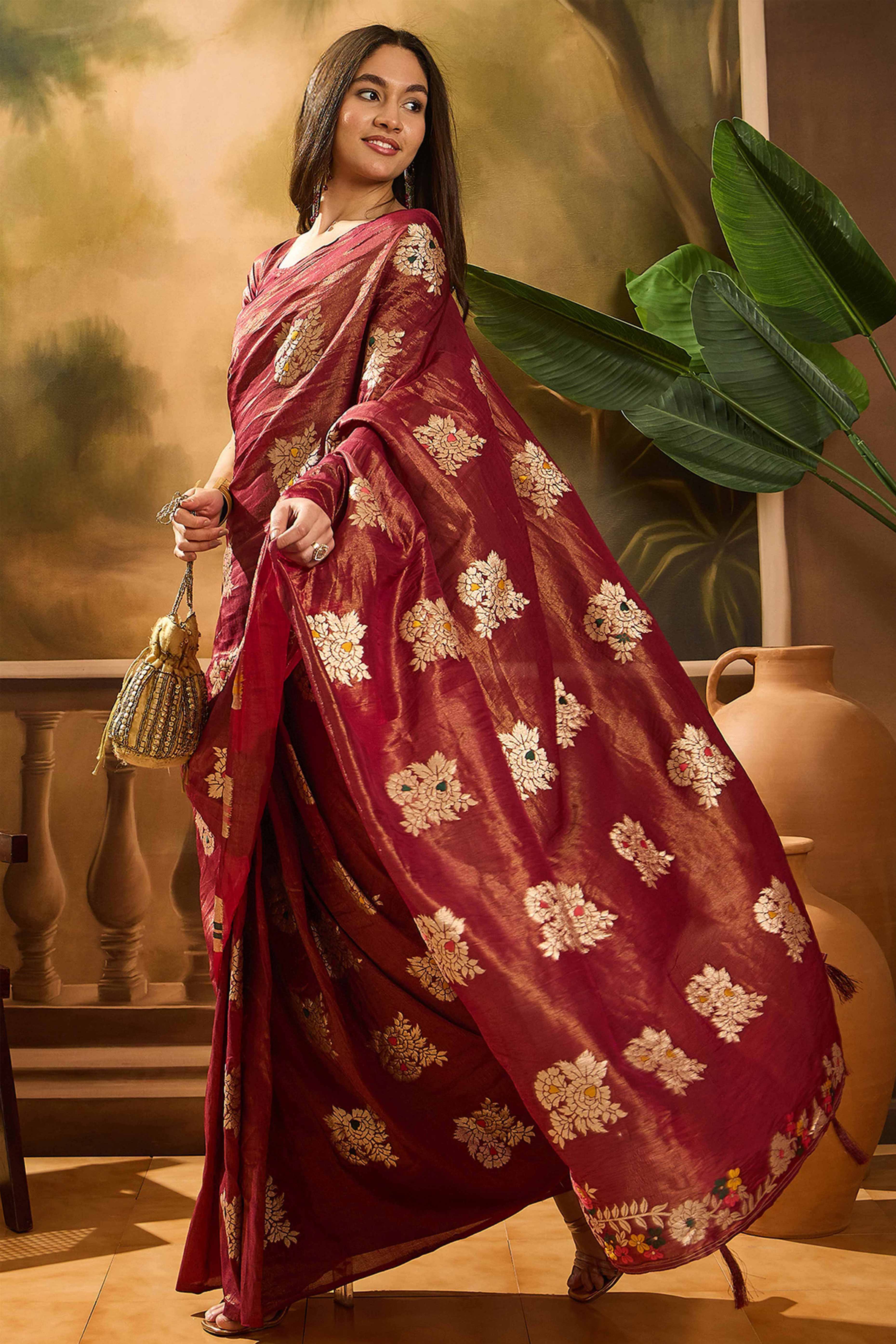 Maroon Saree In Shimmer Fabric With Floral Zari Weaving & Decorative Tassel Pallu - Image 3