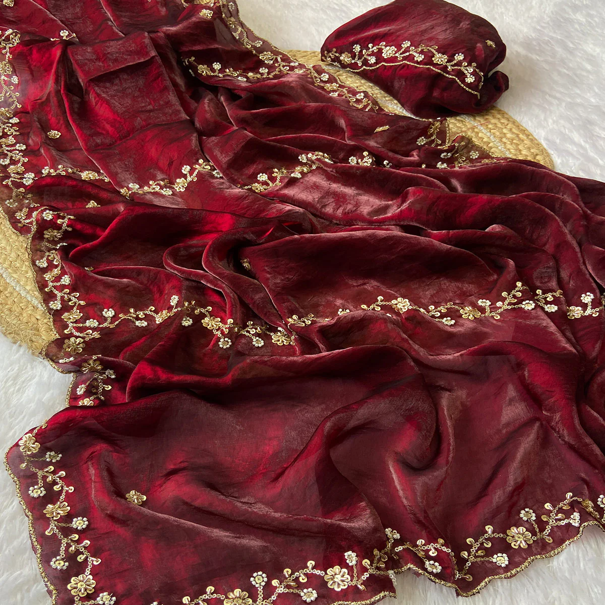 Maroon Satin Saree Embellished With Beads and Sequins Embroidery Work - Image 2